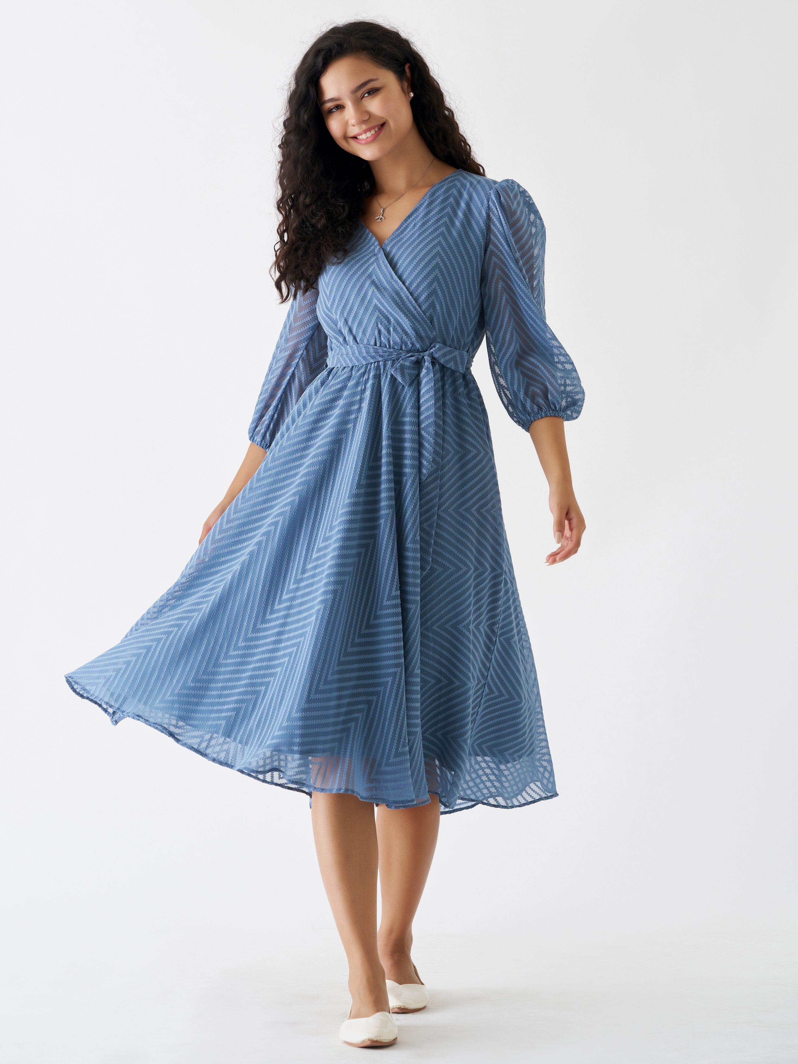 Slate Blue Chiffon Brasso Swiss Dot V-Neck Dress