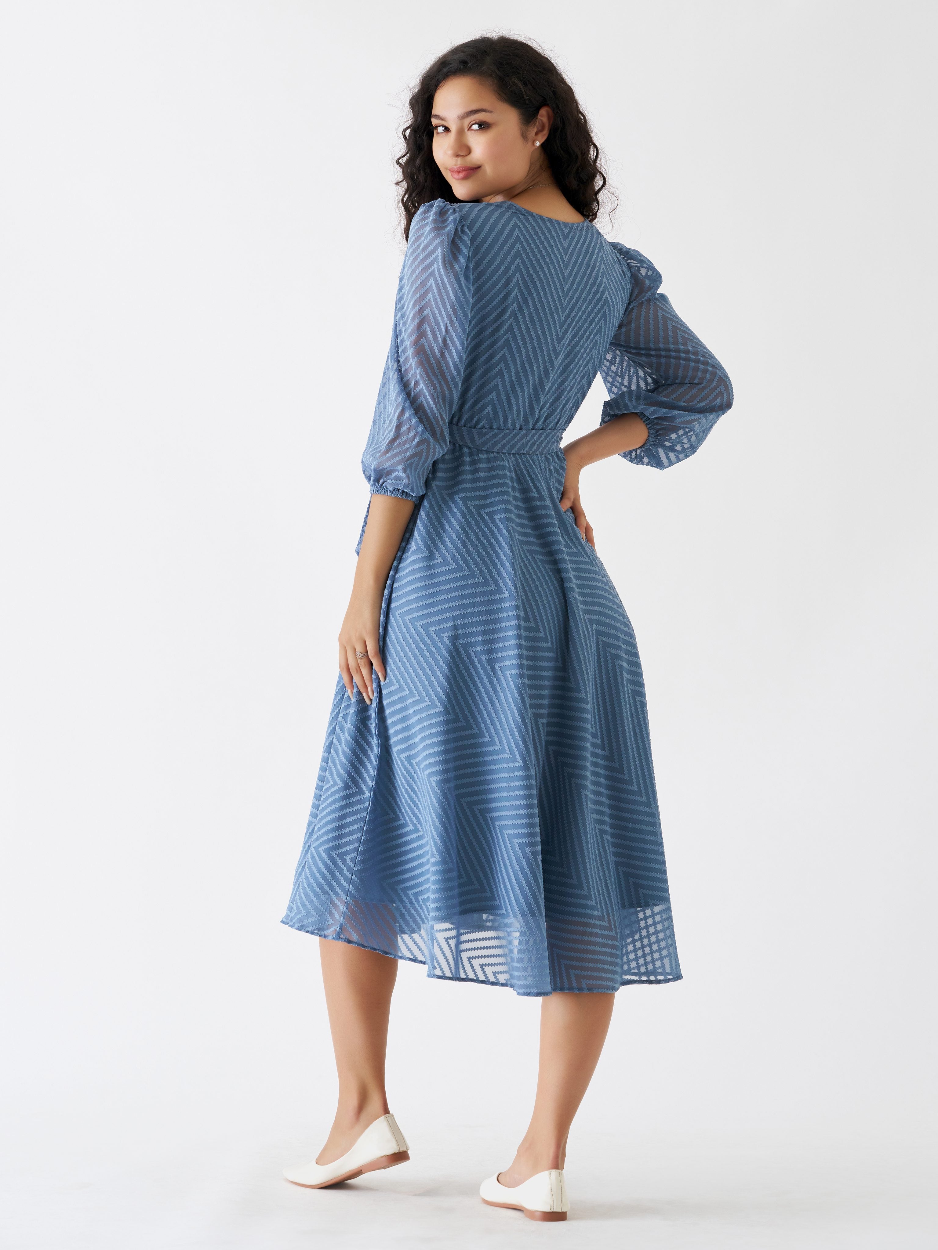 Slate Blue Chiffon Brasso Swiss Dot V-Neck Dress