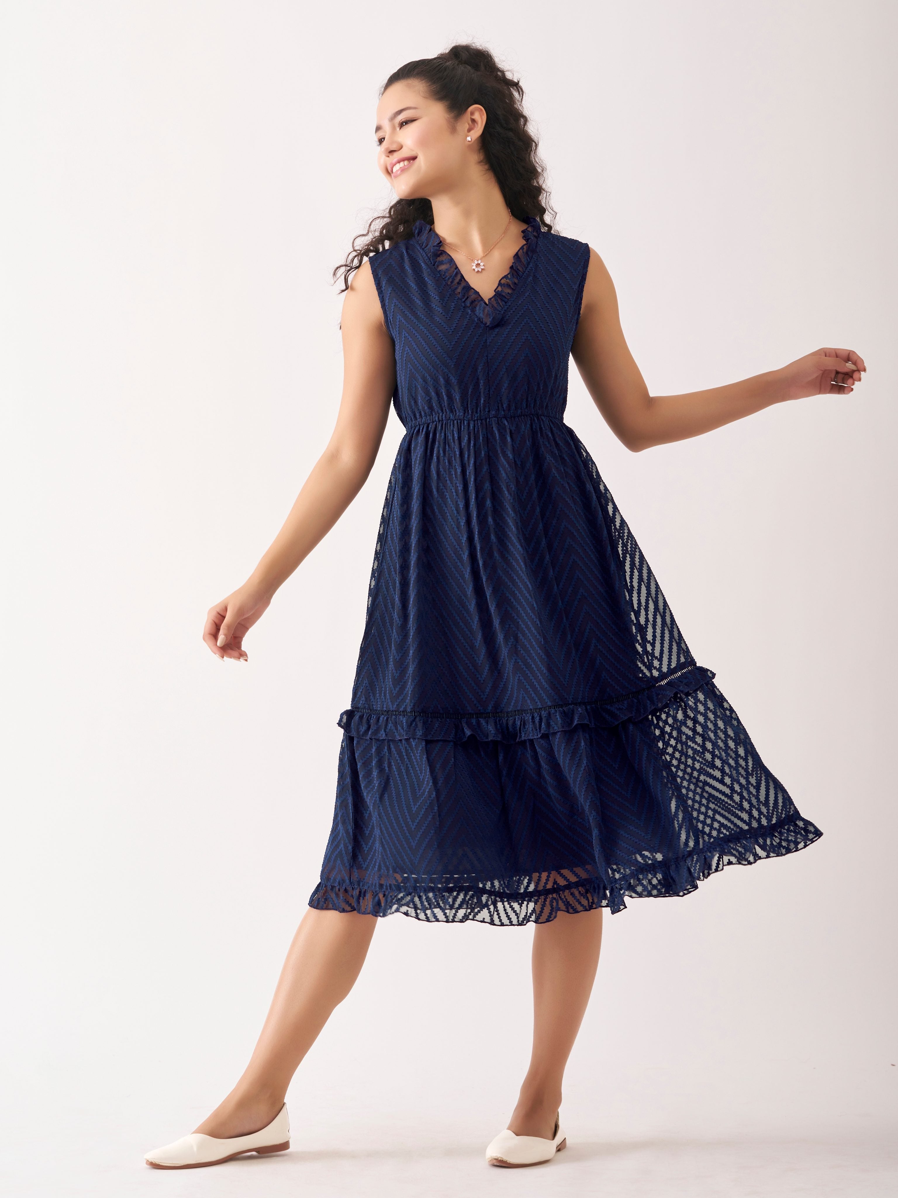 Navy Blue Chiffon Brasso Swiss Dot V-Neck Dress