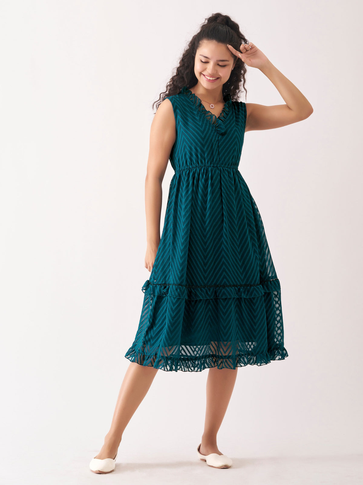 Peacock Blue Chiffon Brasso Swiss Dot V-Neck Dress