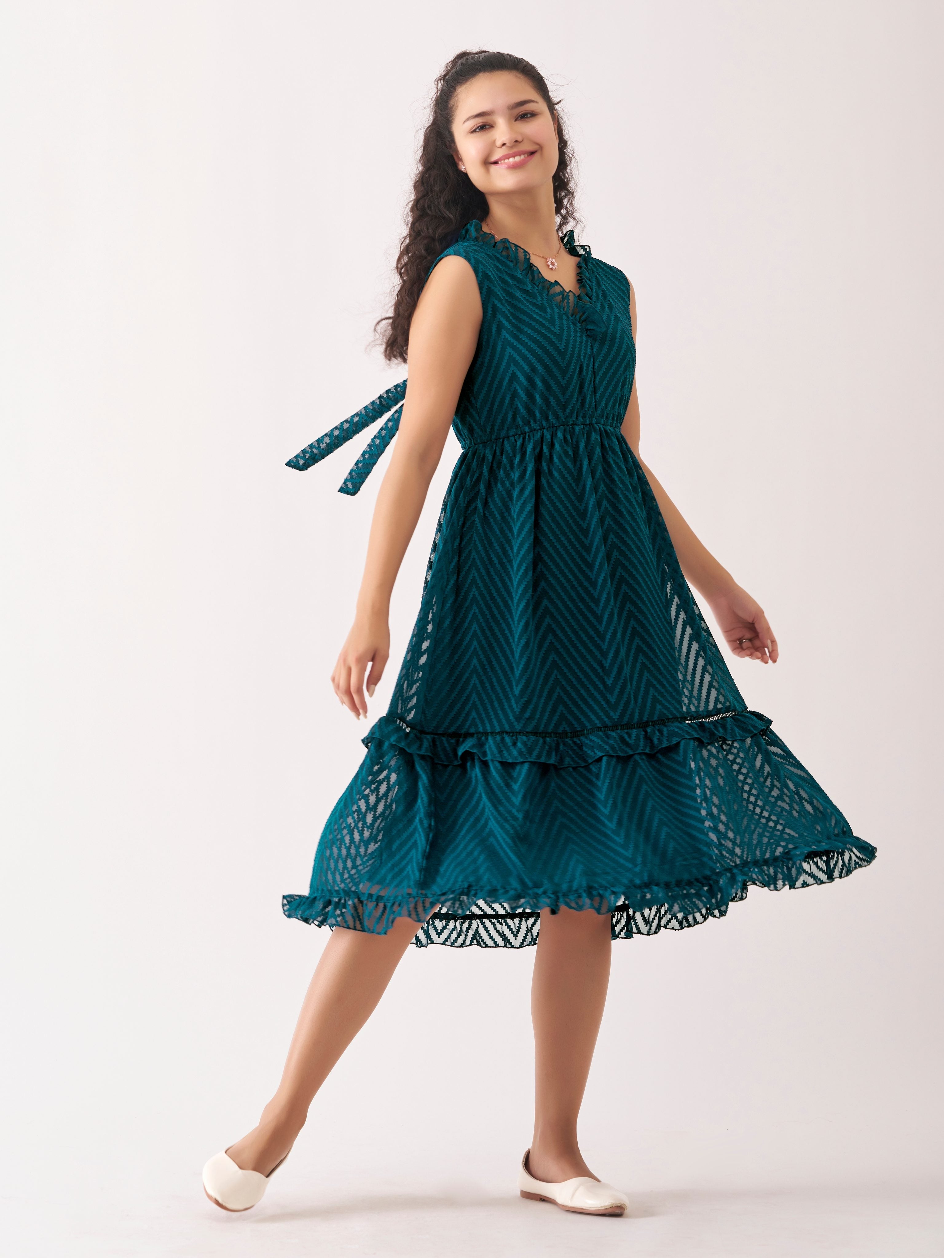 Peacock Blue Chiffon Brasso Swiss Dot V-Neck Dress