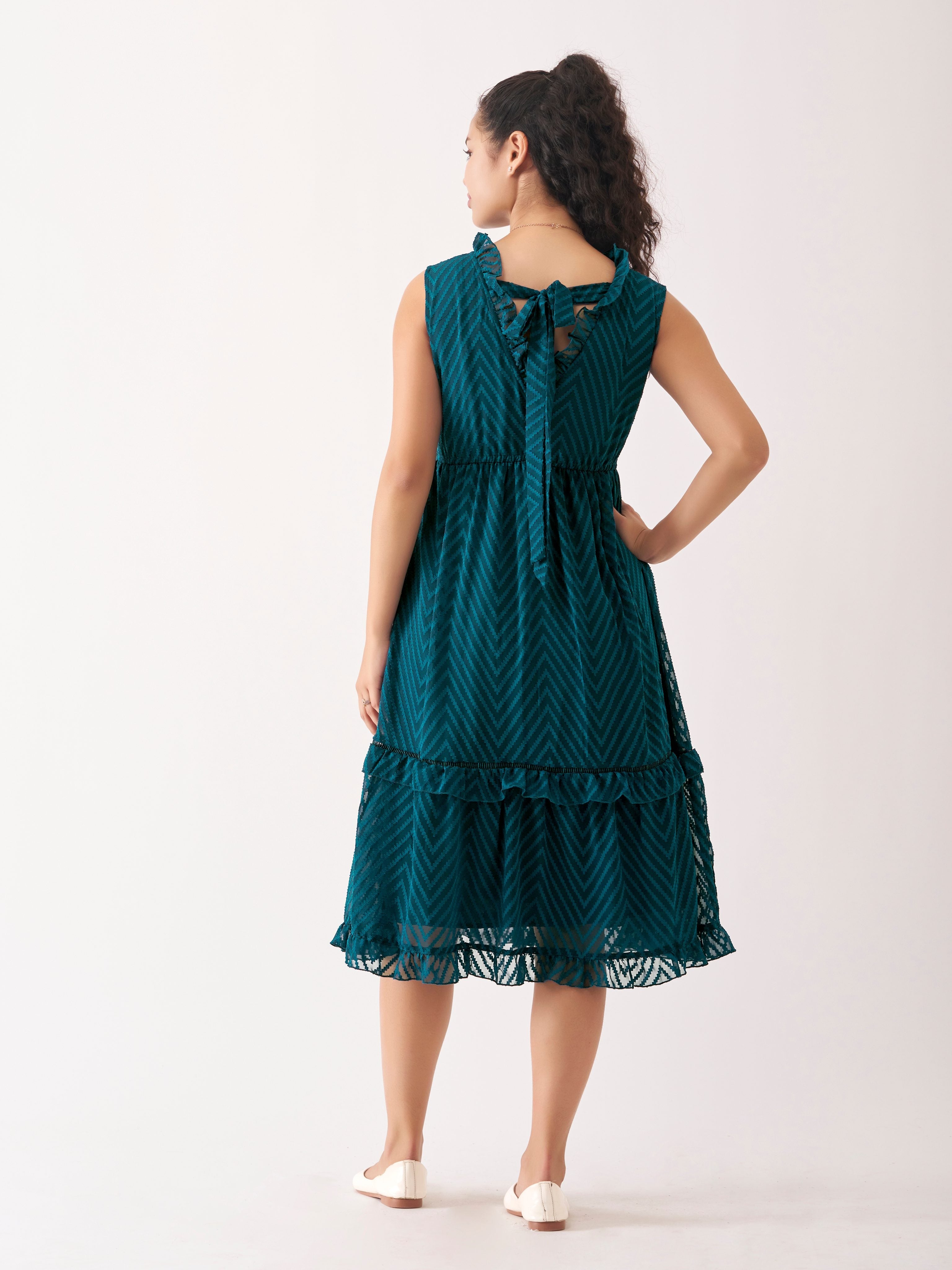 Peacock Blue Chiffon Brasso Swiss Dot V-Neck Dress