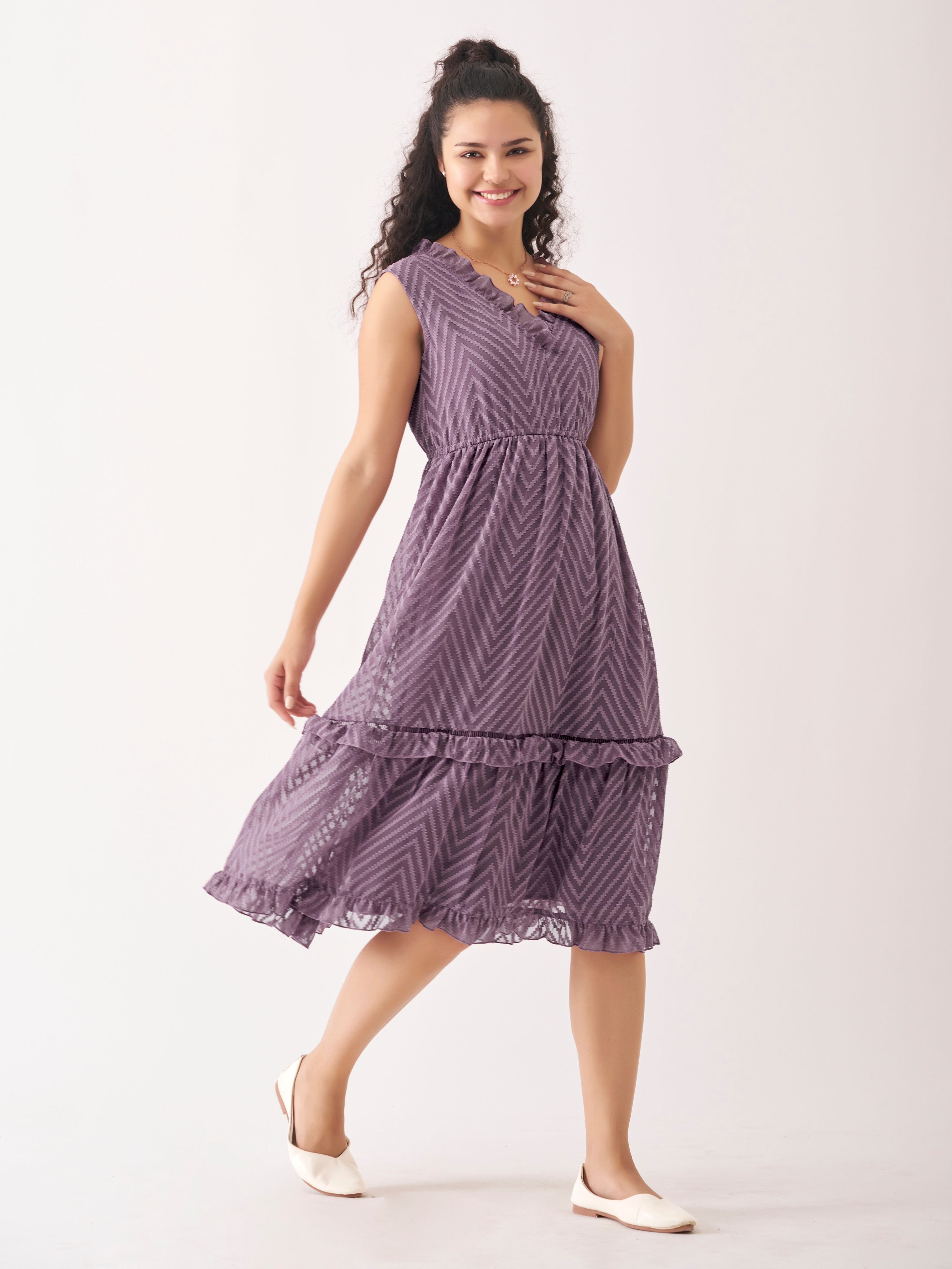 Purple Taupe Chiffon Brasso Swiss Dot V-Neck Dress