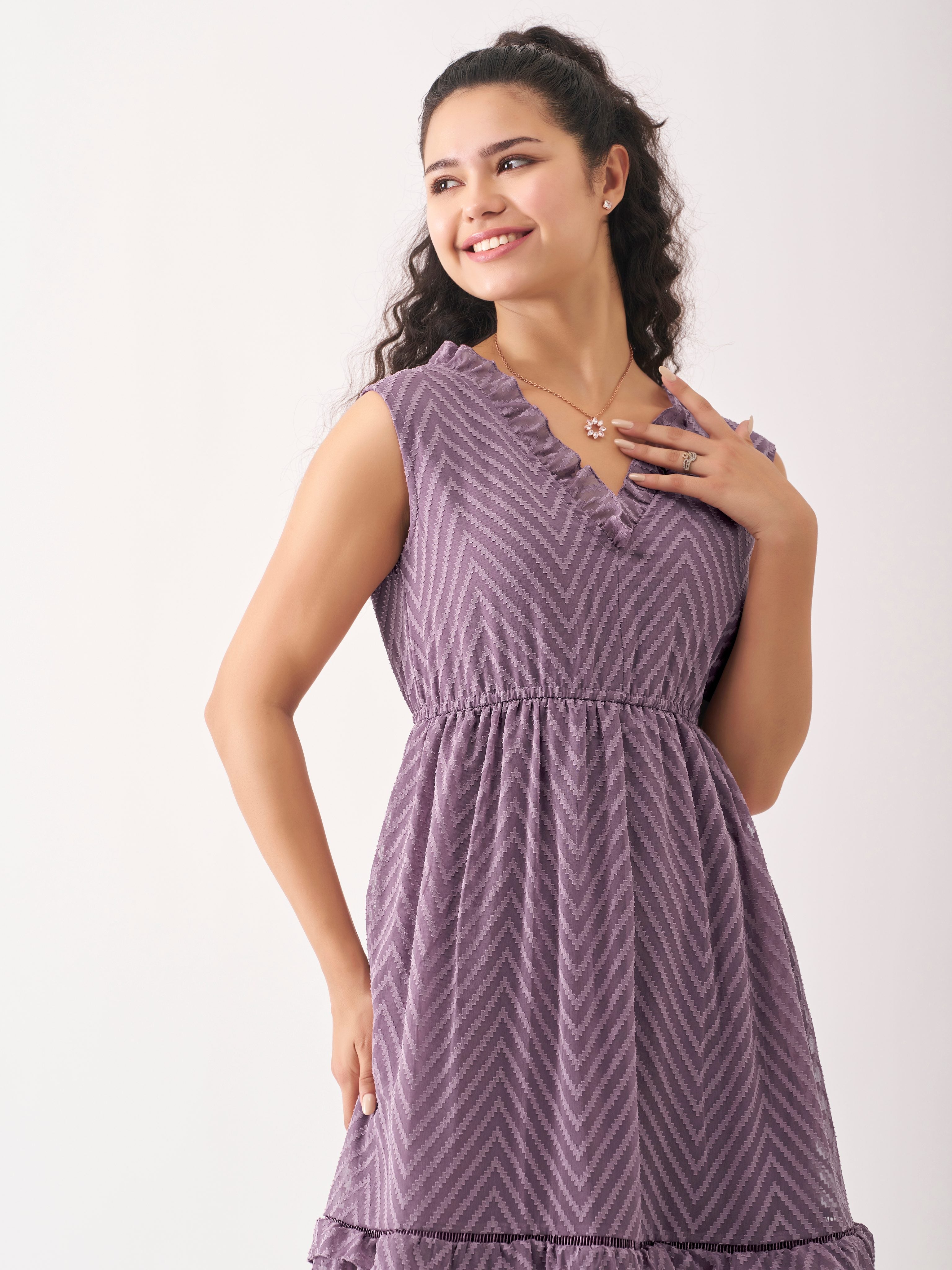 Purple Taupe Chiffon Brasso Swiss Dot V-Neck Dress