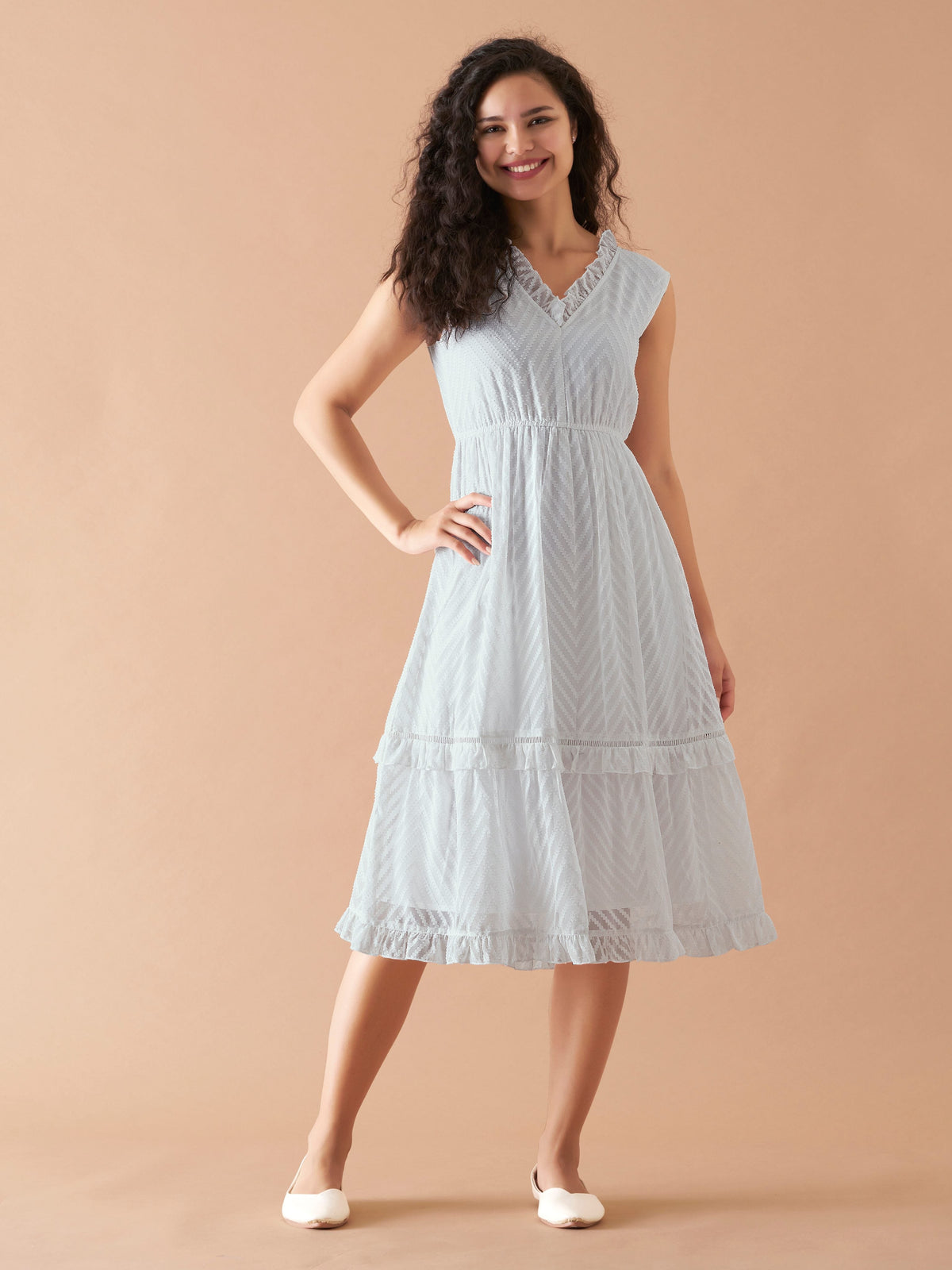 White Chiffon Brasso Swiss Dot V-Neck Dress