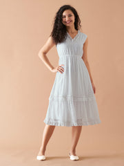 White Chiffon Brasso Swiss Dot V-Neck Dress