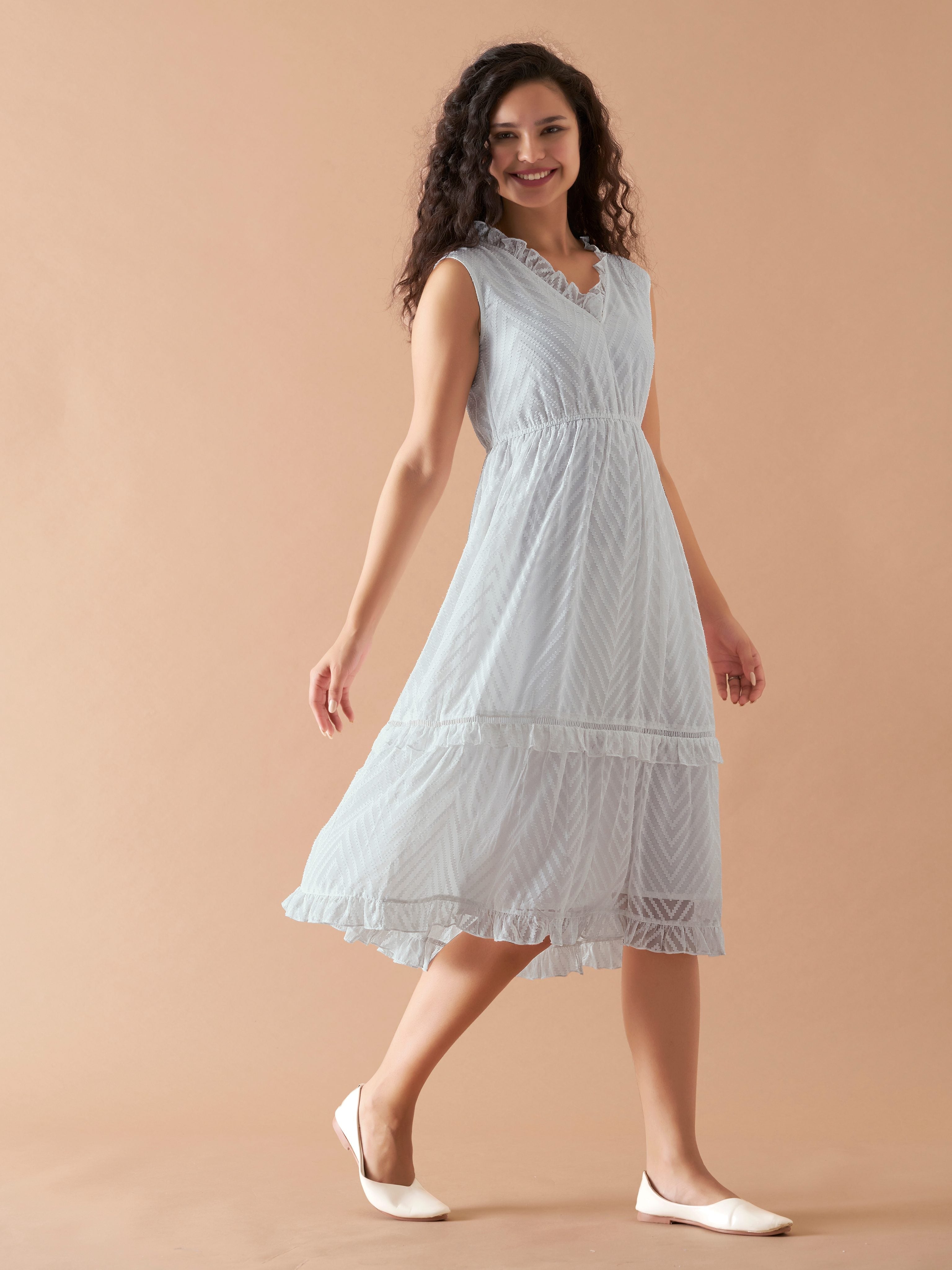 White Chiffon Brasso Swiss Dot V-Neck Dress