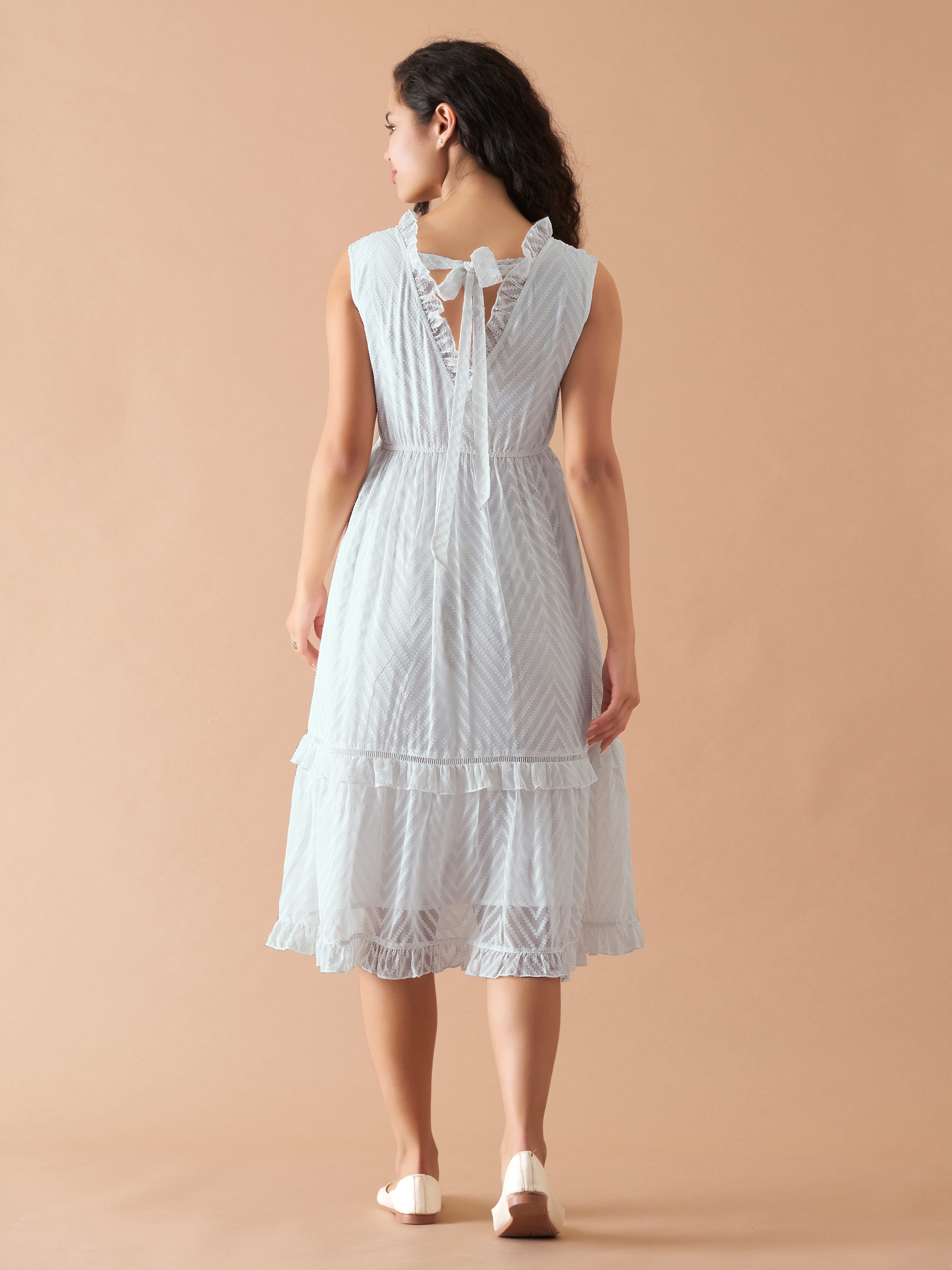 White Chiffon Brasso Swiss Dot V-Neck Dress