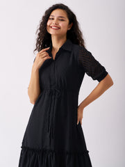 Black Chiffon Brasso Swiss Dot Point Collar Dress