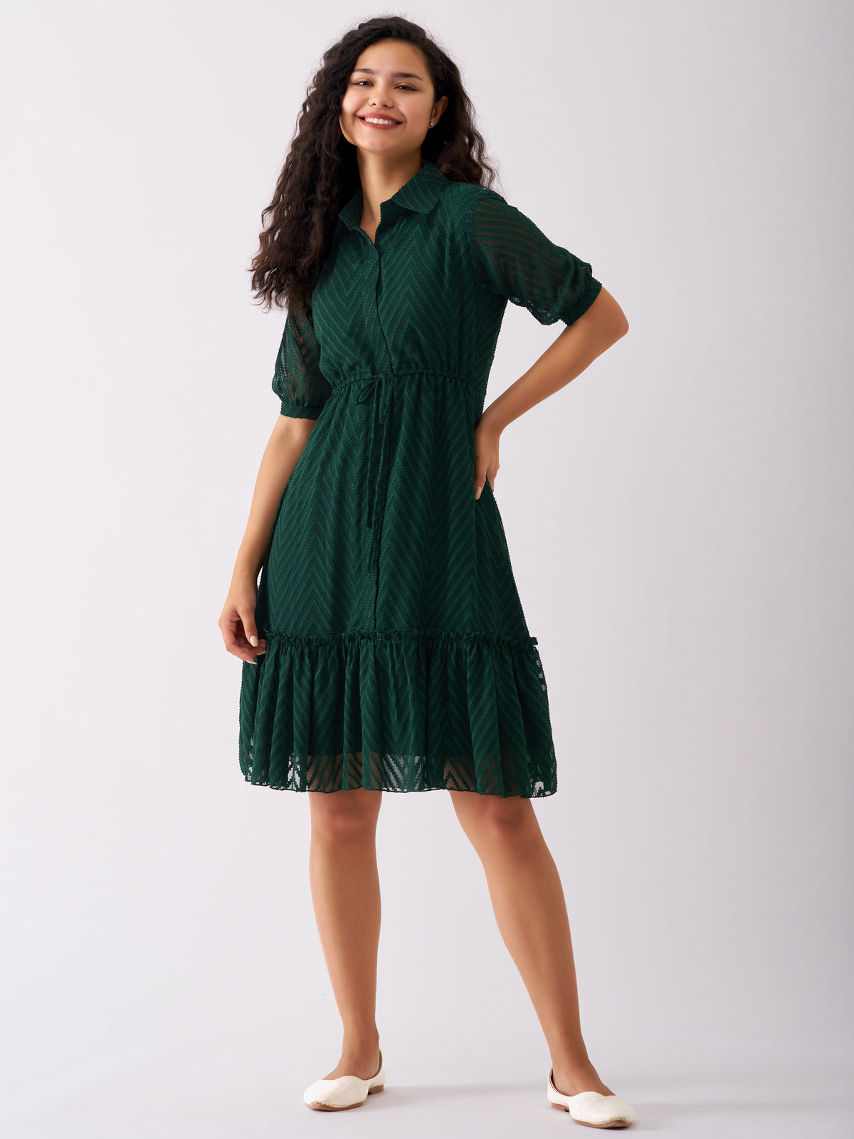 Dark Green Chiffon Brasso Swiss Dot Point Collar Dress