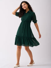 Dark Green Chiffon Brasso Swiss Dot Point Collar Dress