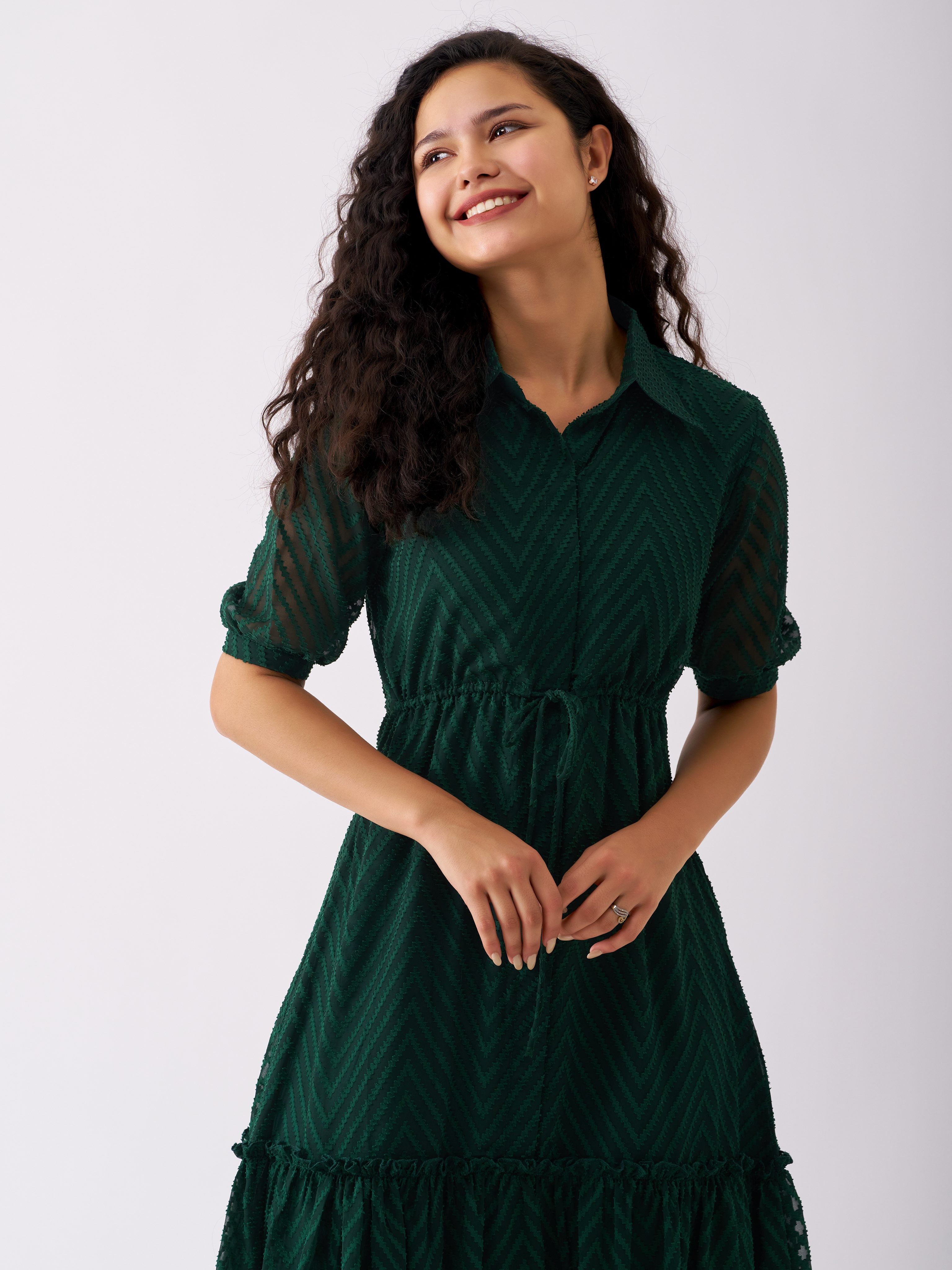 Dark Green Chiffon Brasso Swiss Dot Point Collar Dress