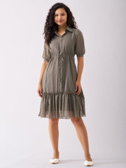 Grey Chiffon Brasso Swiss Dot Point Collar Dress