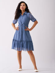 Slate Blue Chiffon Brasso Swiss Dot Point Collar Dress