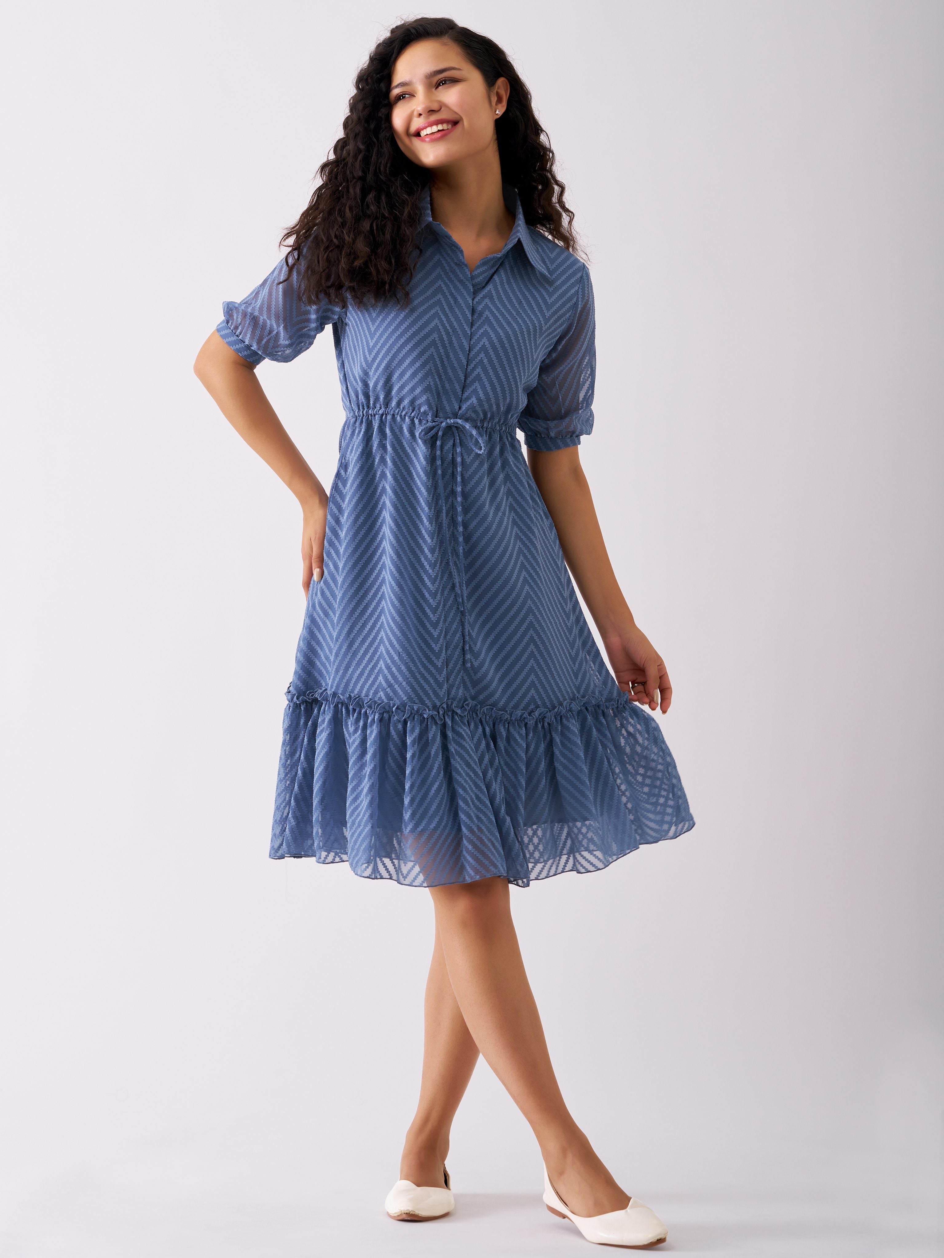 Slate Blue Chiffon Brasso Swiss Dot Point Collar Dress