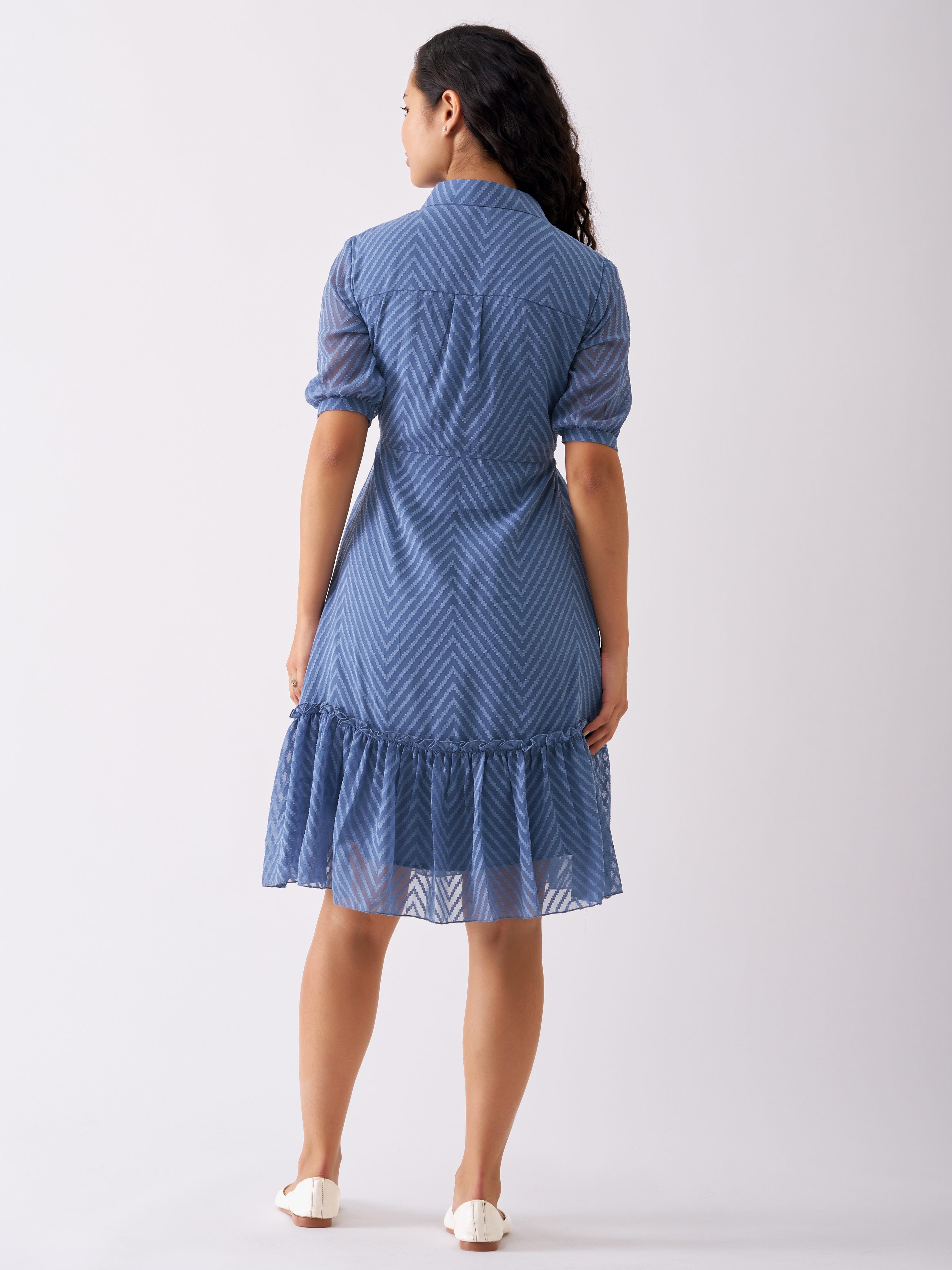 Slate Blue Chiffon Brasso Swiss Dot Point Collar Dress