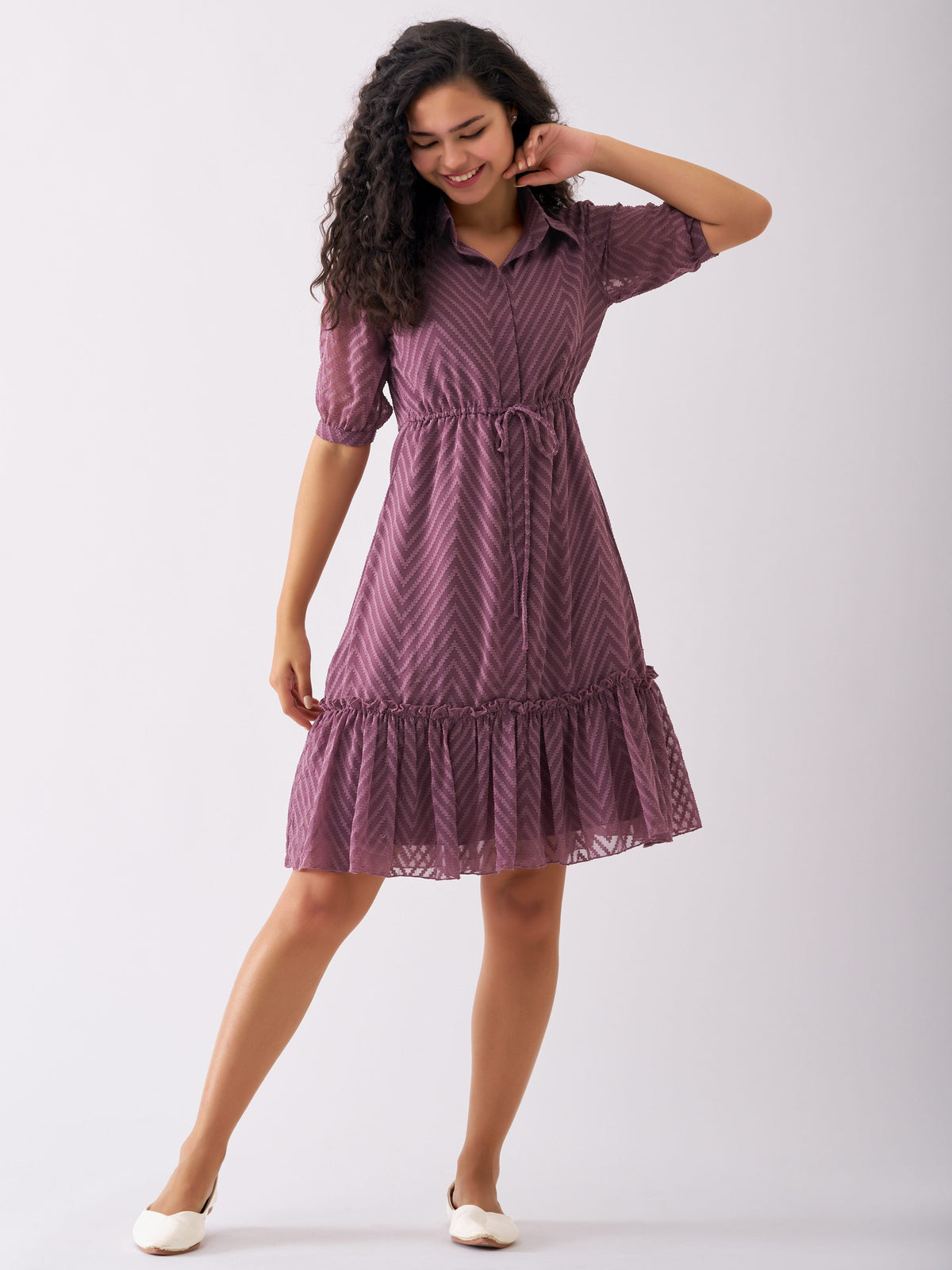 Purple Chiffon Brasso Swiss Dot Point Collar Dress