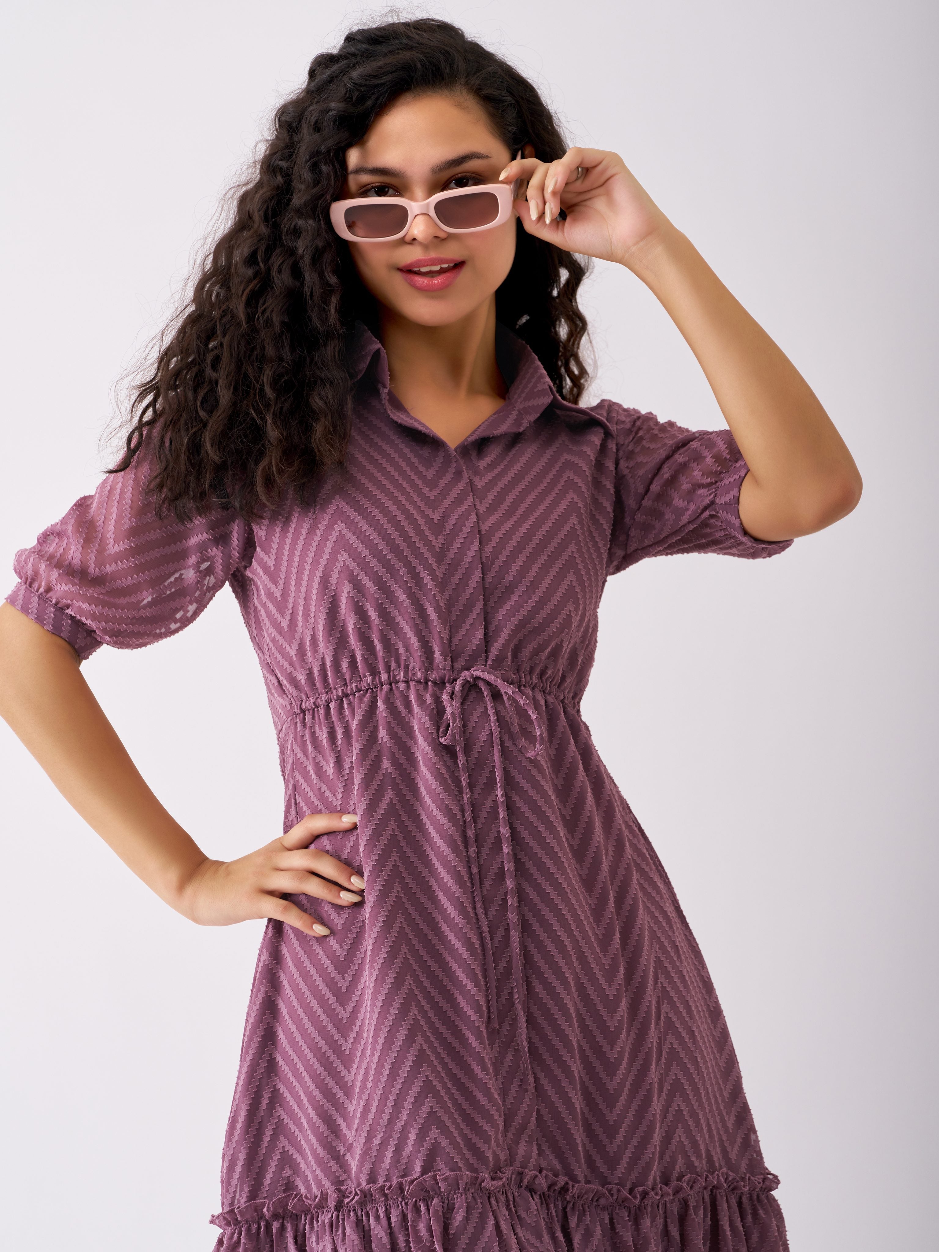 Purple Chiffon Brasso Swiss Dot Point Collar Dress