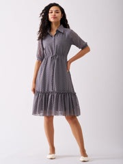 Steel Grey Chiffon Brasso Swiss Dot Point Collar Dress