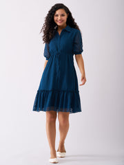 Peacock Blue Chiffon Brasso Swiss Dot Point Collar Dress