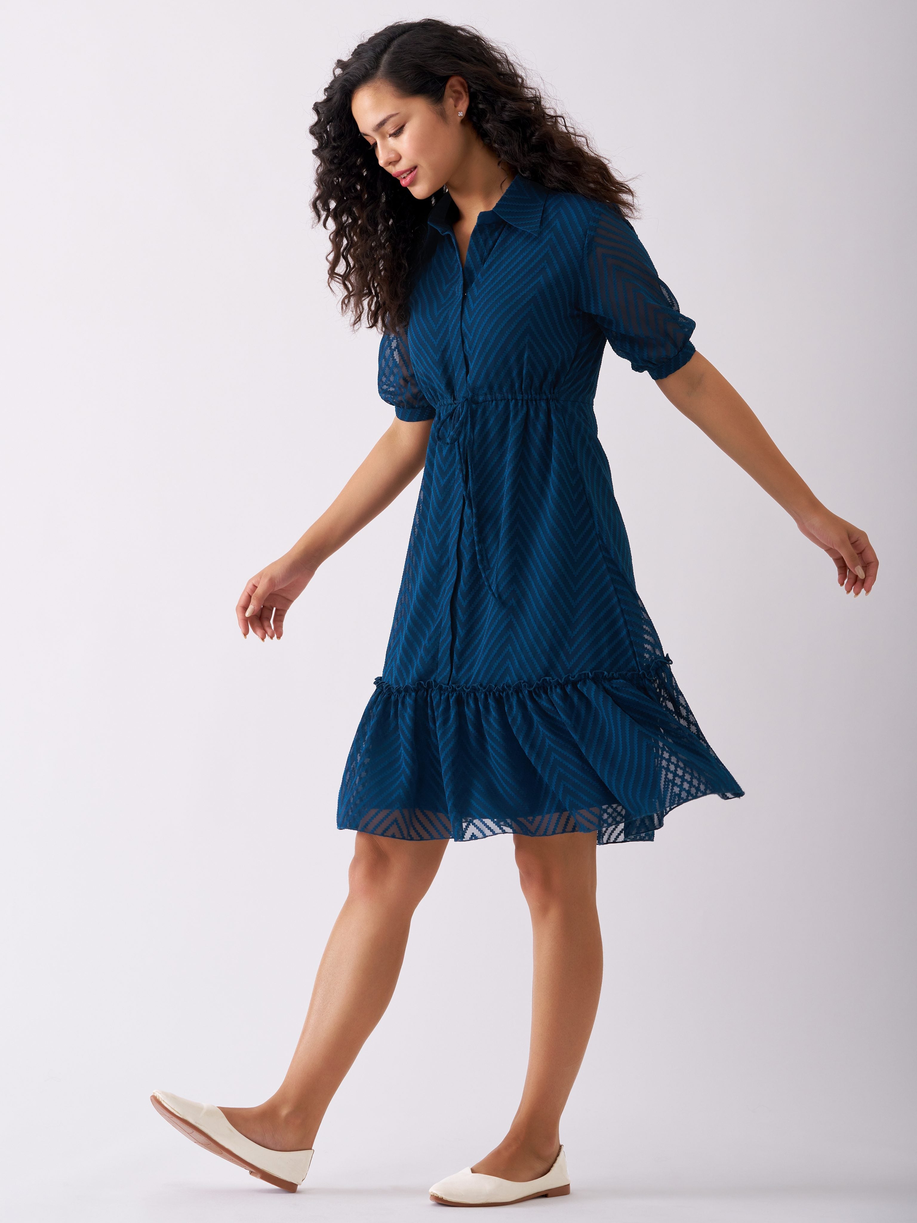 Peacock Blue Chiffon Brasso Swiss Dot Point Collar Dress