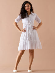 White Chiffon Brasso Swiss Dot Point Collar Dress