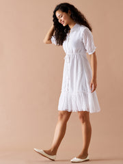 White Chiffon Brasso Swiss Dot Point Collar Dress