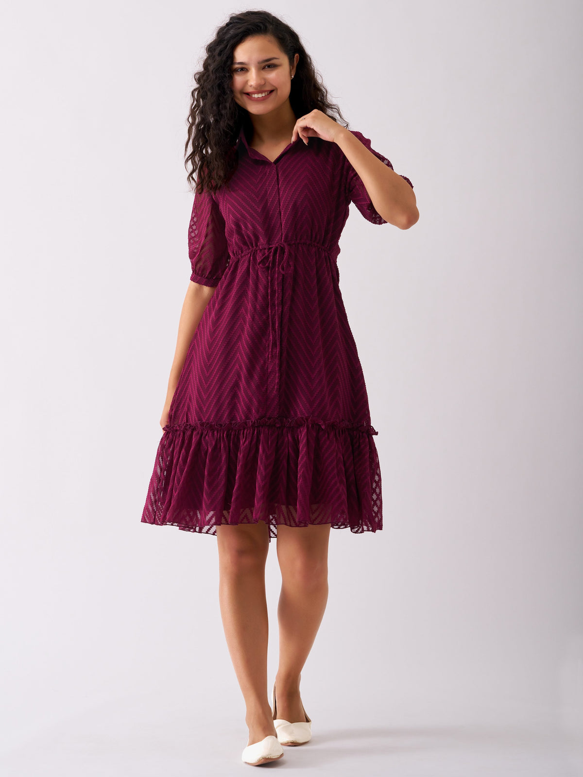 Wine Chiffon Brasso Swiss Dot Point Collar Dress