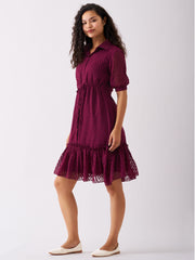 Wine Chiffon Brasso Swiss Dot Point Collar Dress