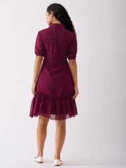 Wine Chiffon Brasso Swiss Dot Point Collar Dress