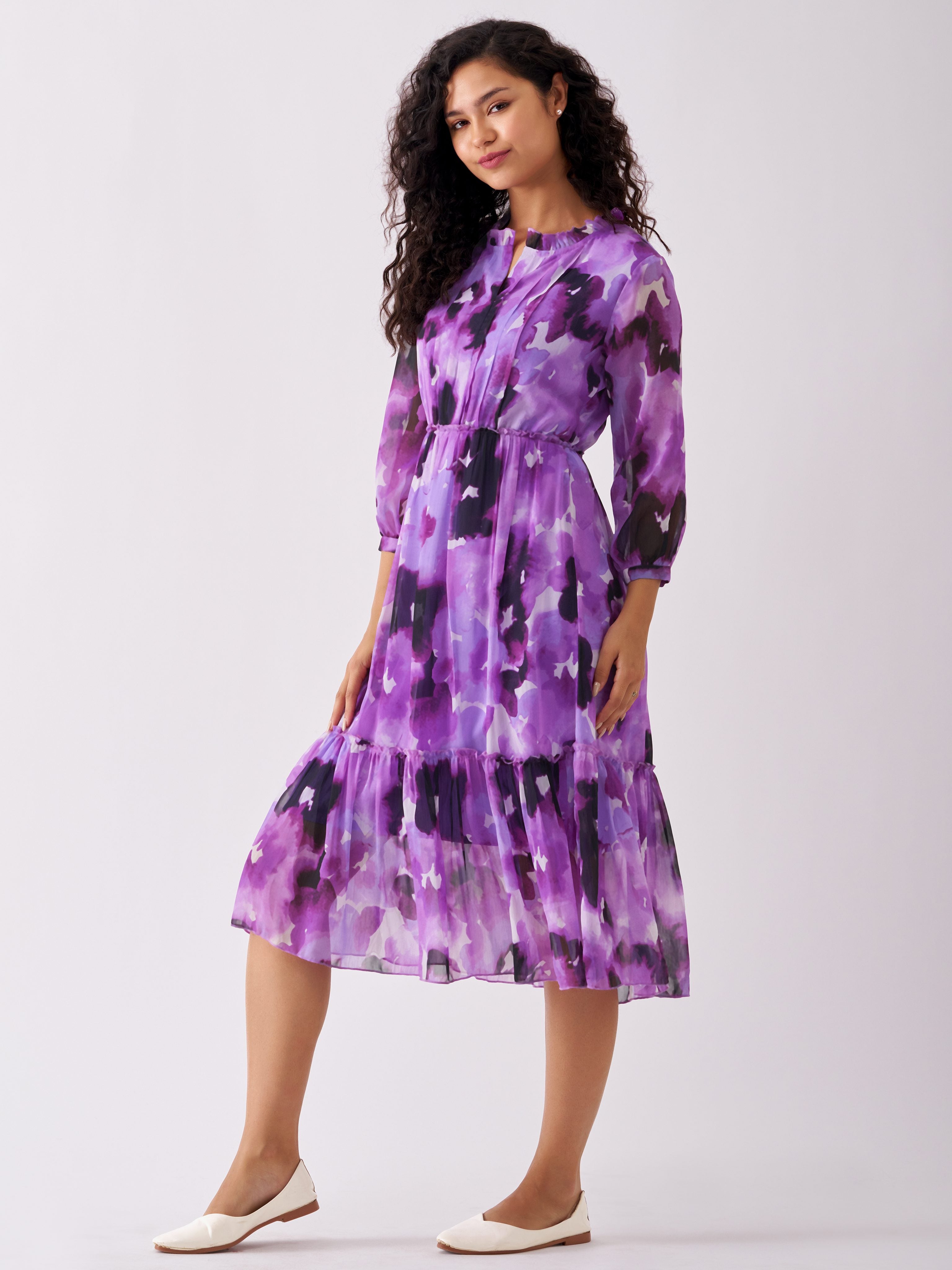 Purple Chiffon Swiss Dot V-Neck Dress