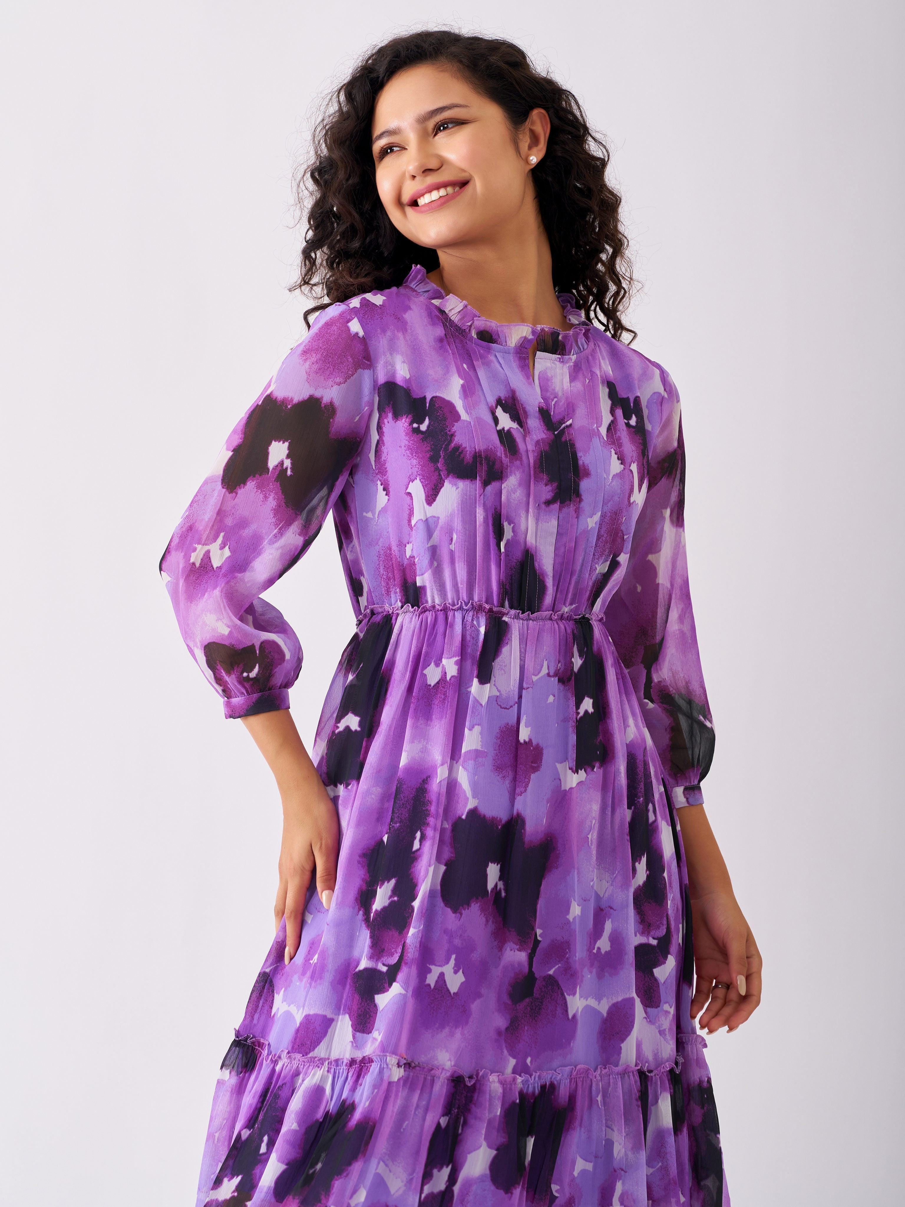 Purple Chiffon Swiss Dot V-Neck Dress