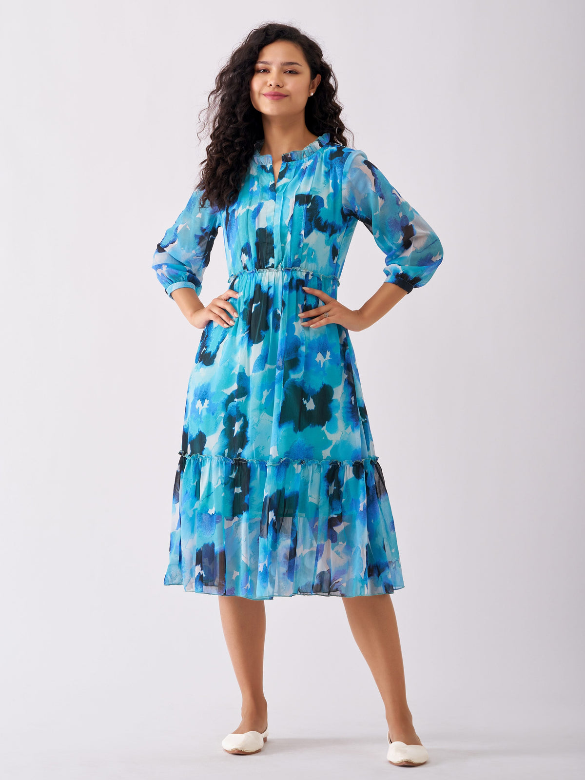 Aqua Blue Chiffon Swiss Dot V-Neck Dress