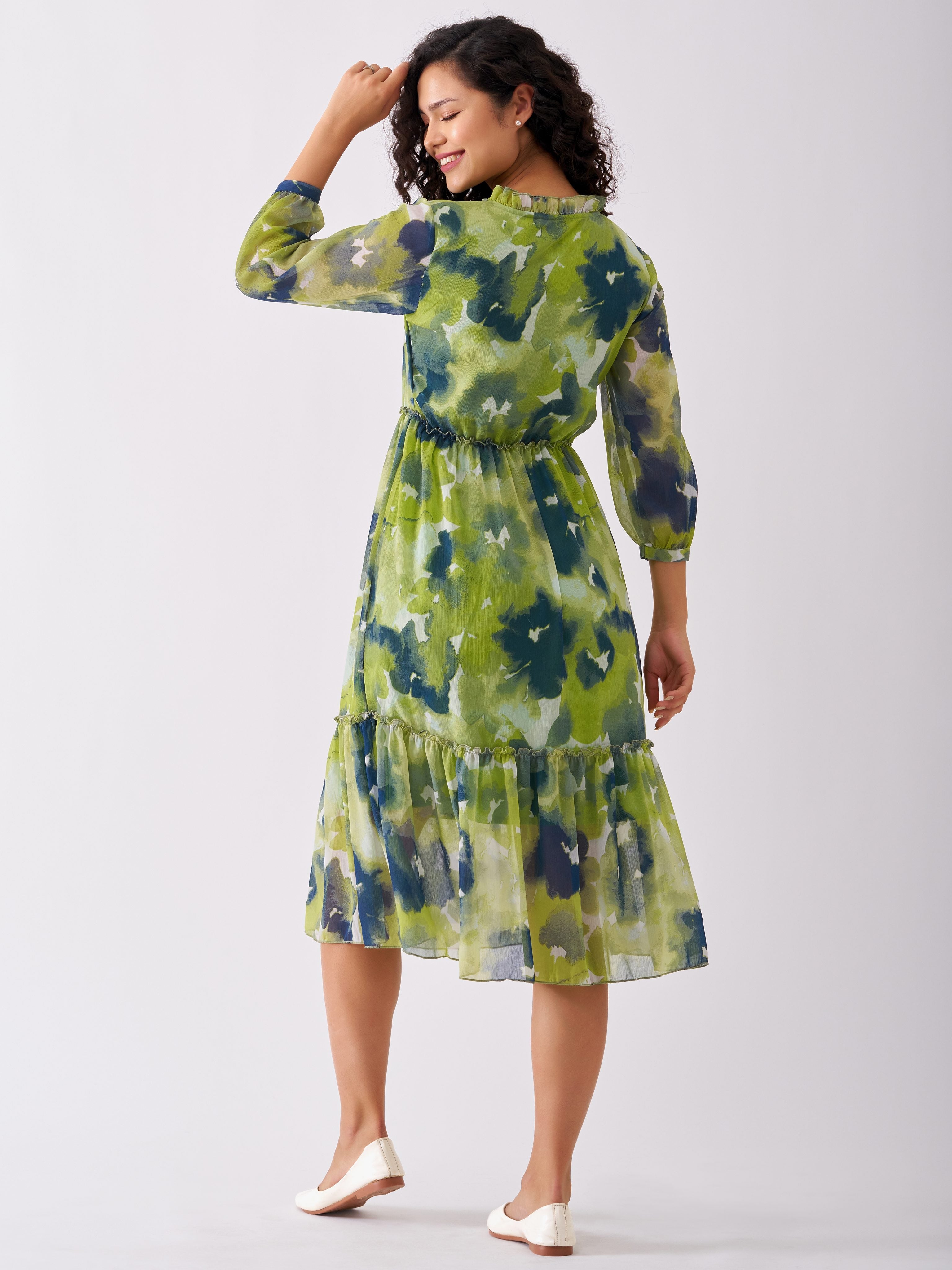 Parrot Green Chiffon Swiss Dot V-Neck Dress