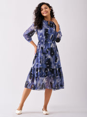 Dark Blue Chiffon Swiss Dot V-Neck Dress