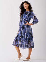 Dark Blue Chiffon Swiss Dot V-Neck Dress