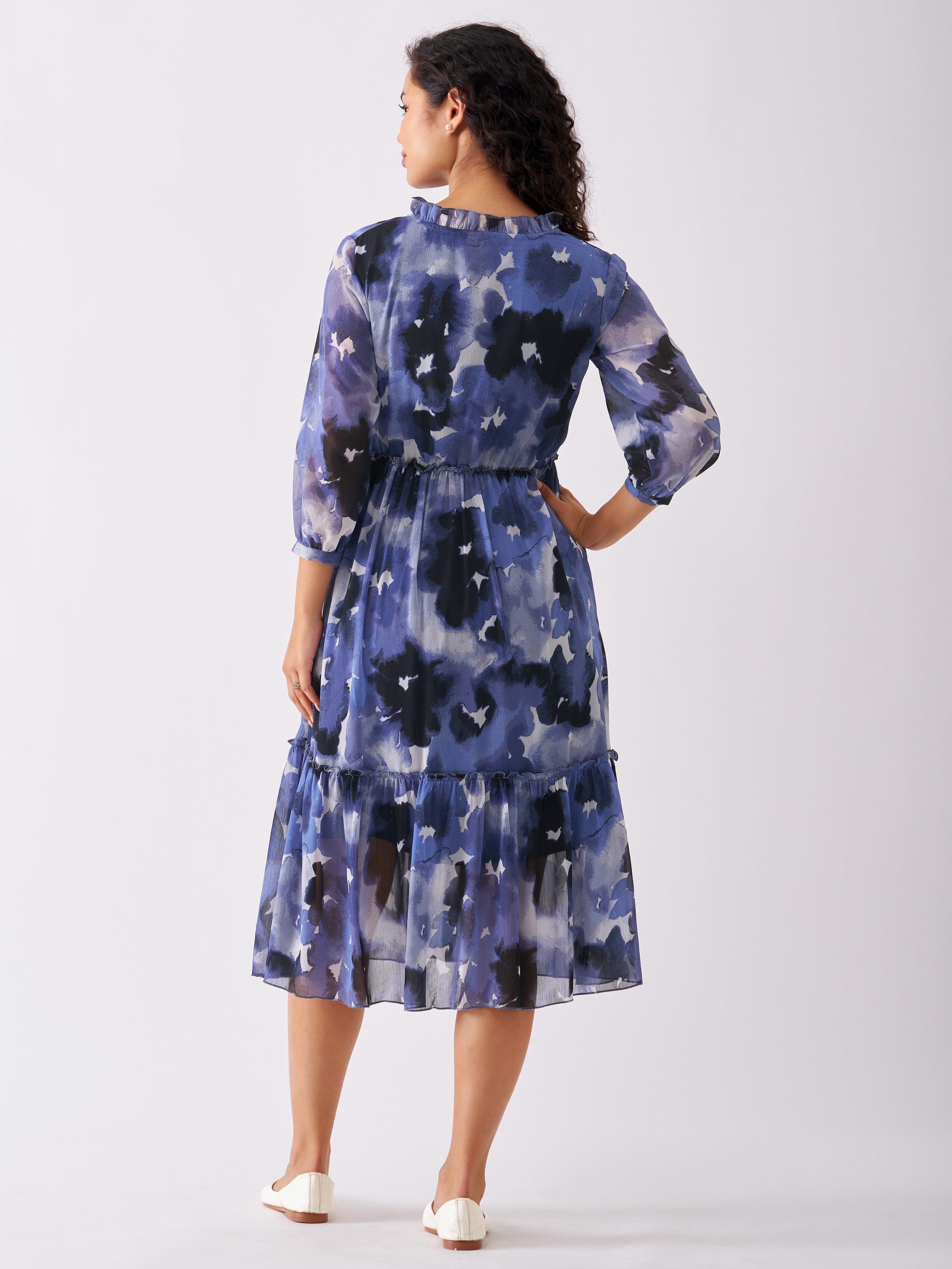 Dark Blue Chiffon Swiss Dot V-Neck Dress