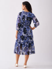 Dark Blue Chiffon Swiss Dot V-Neck Dress