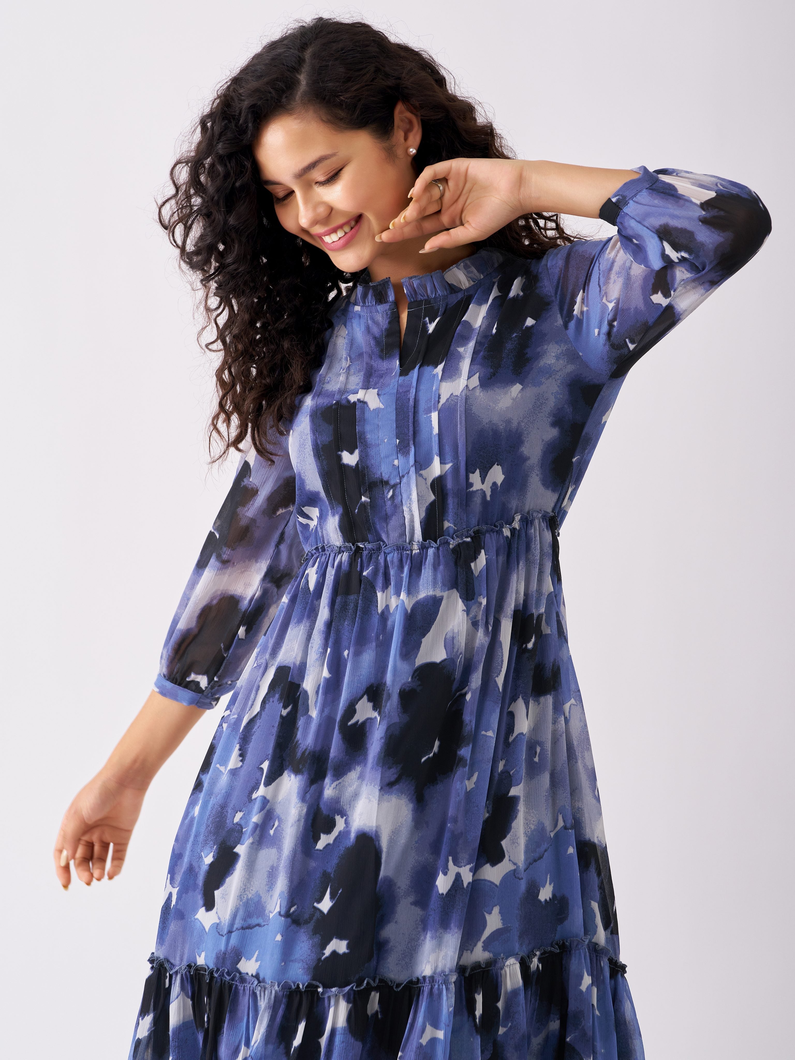 Dark Blue Chiffon Swiss Dot V-Neck Dress