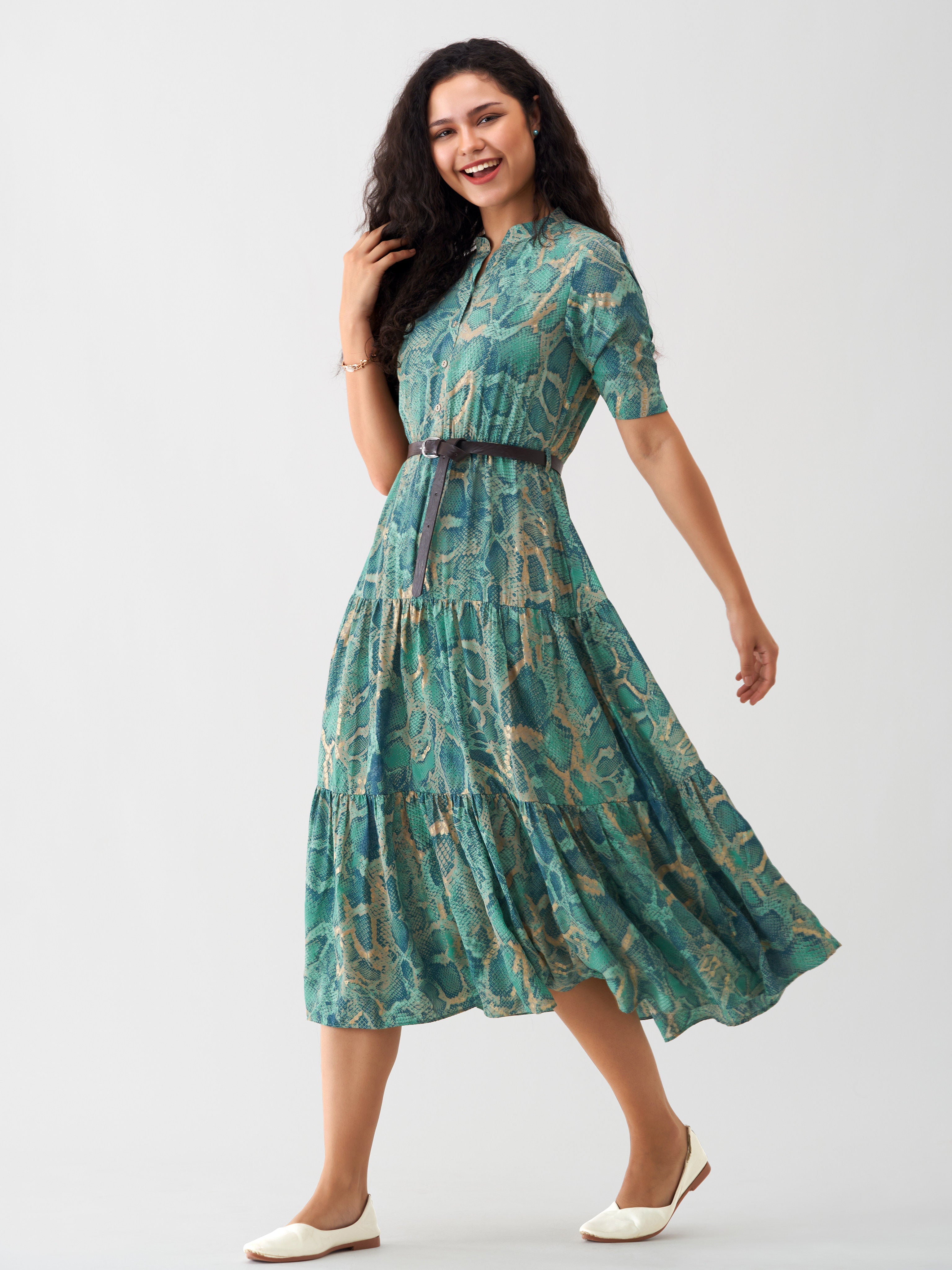 Teal Chiffon Swiss Dot Mandarian Neck Dress