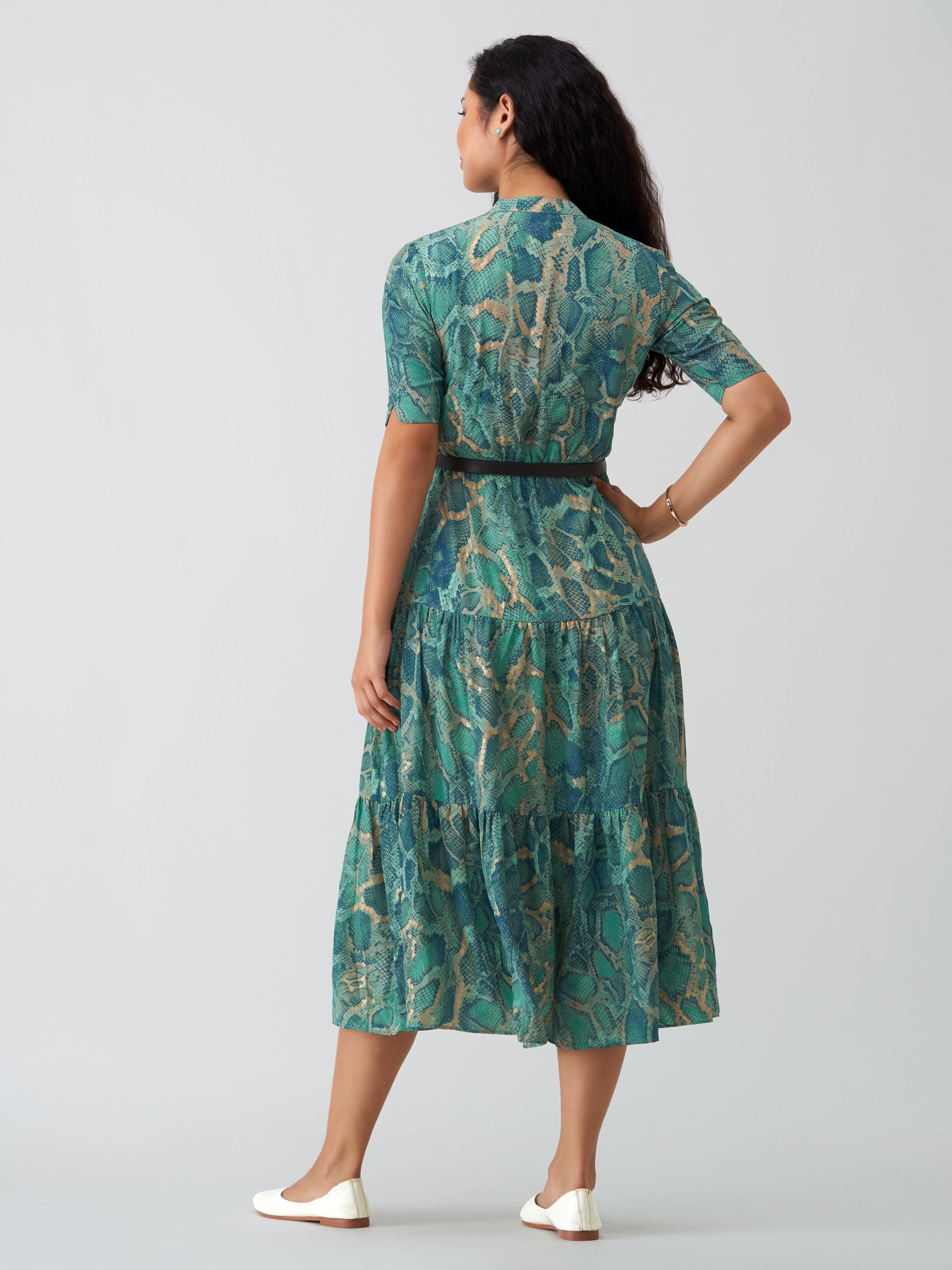 Teal Chiffon Swiss Dot Mandarian Neck Dress