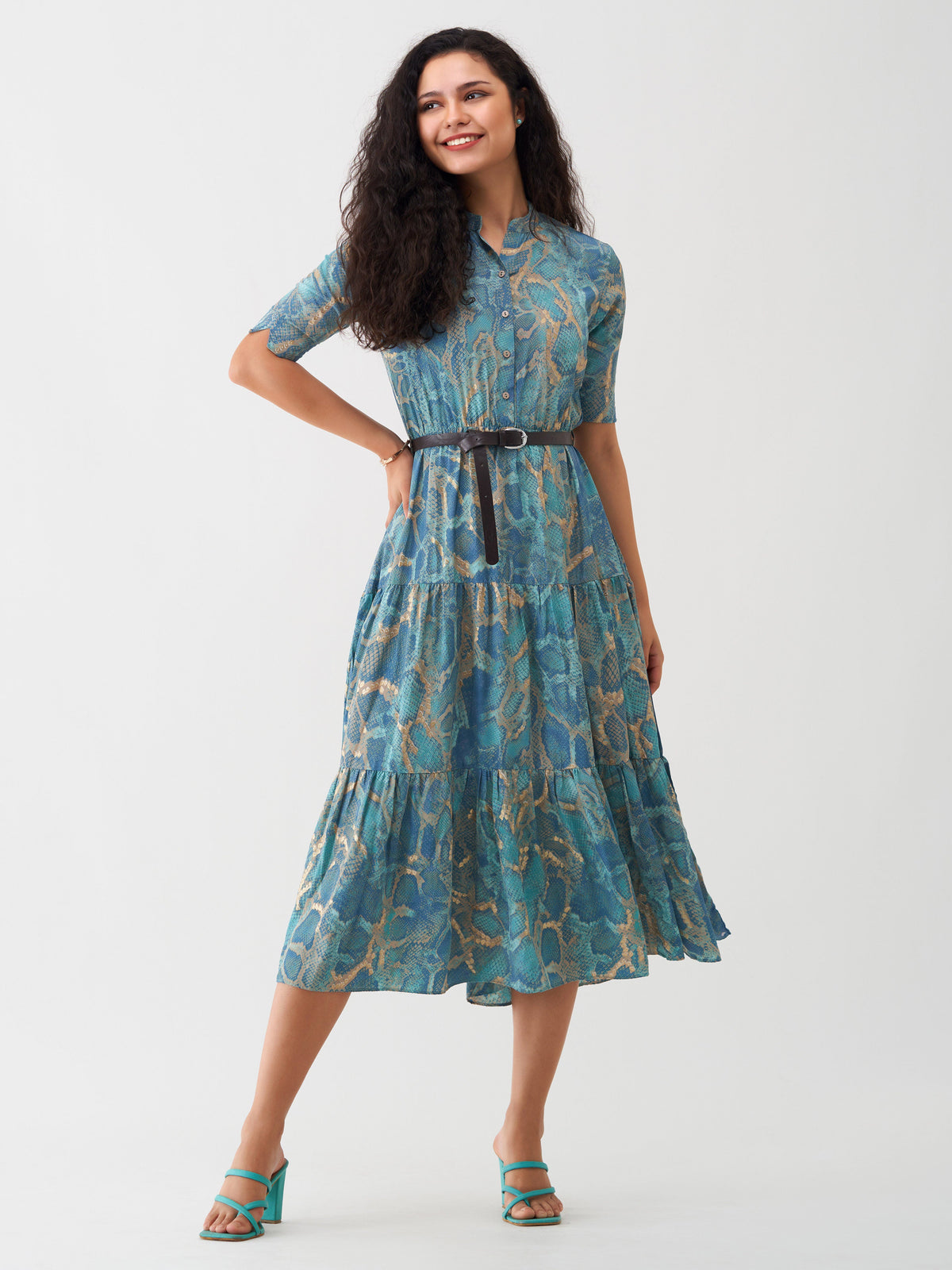 Aqua Blue Chiffon Swiss Dot Mandarian Neck Dress