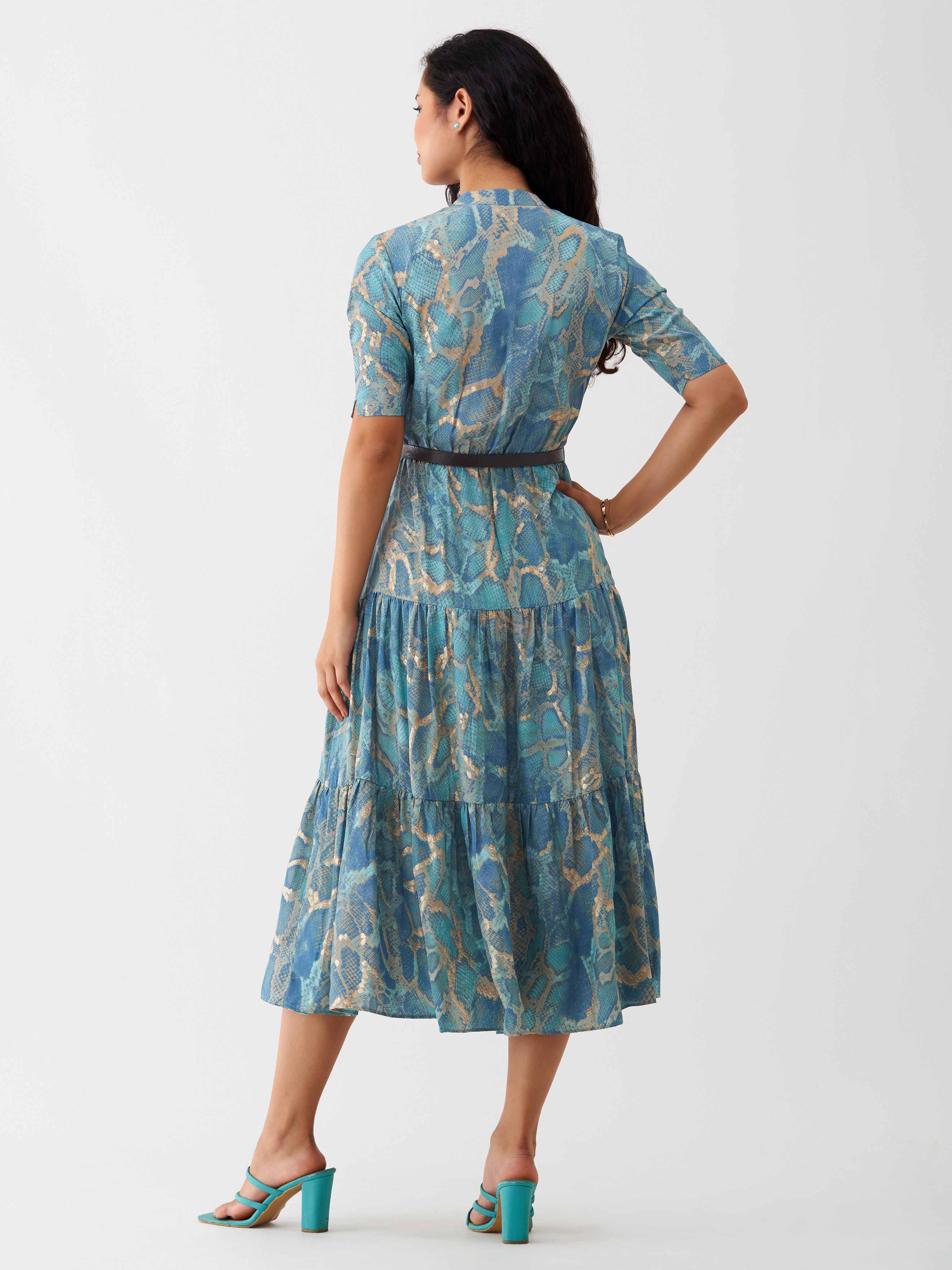 Aqua Blue Chiffon Swiss Dot Mandarian Neck Dress