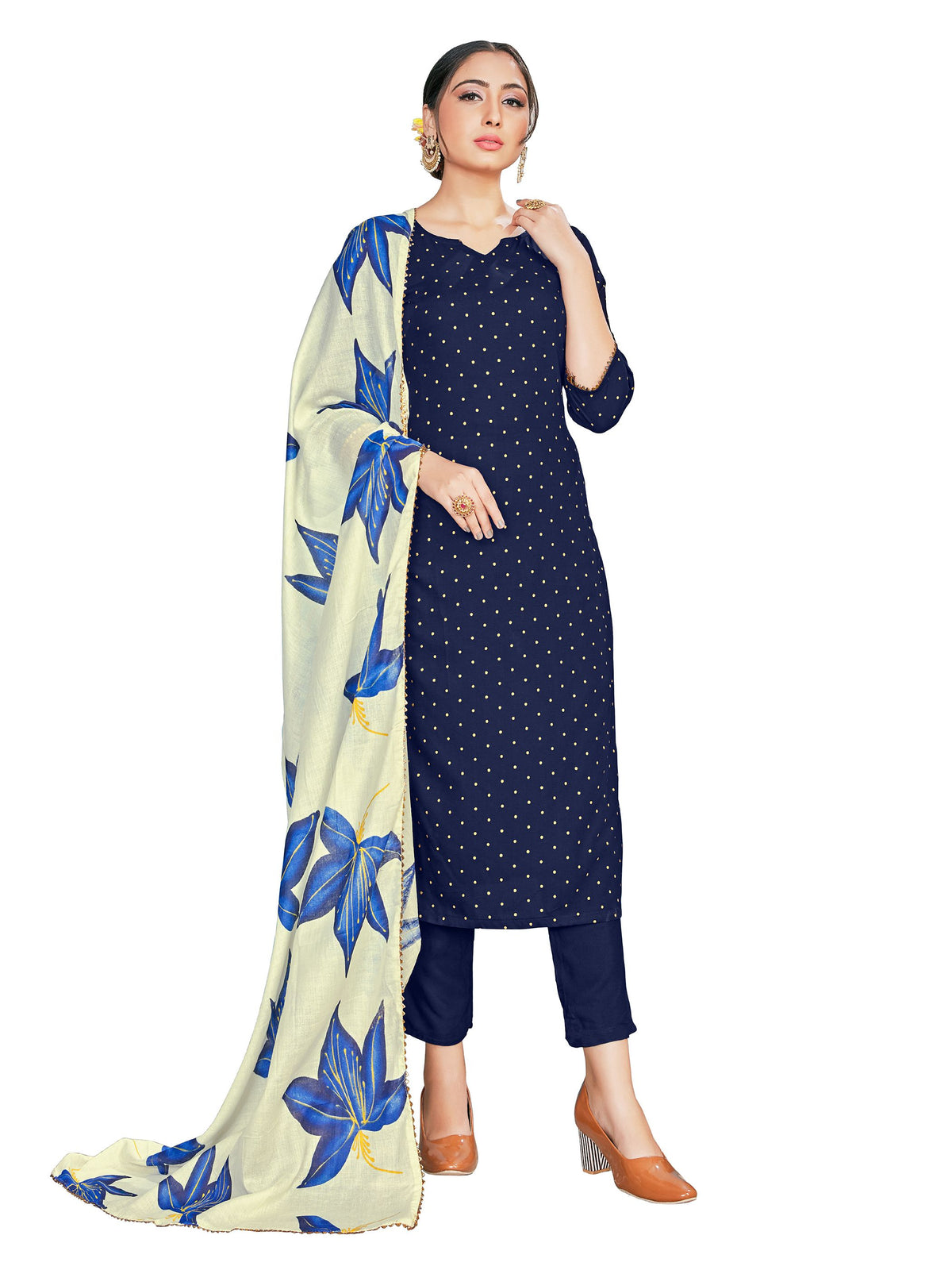 Kurta Set Navy Blue Rayon Foil Print Dress