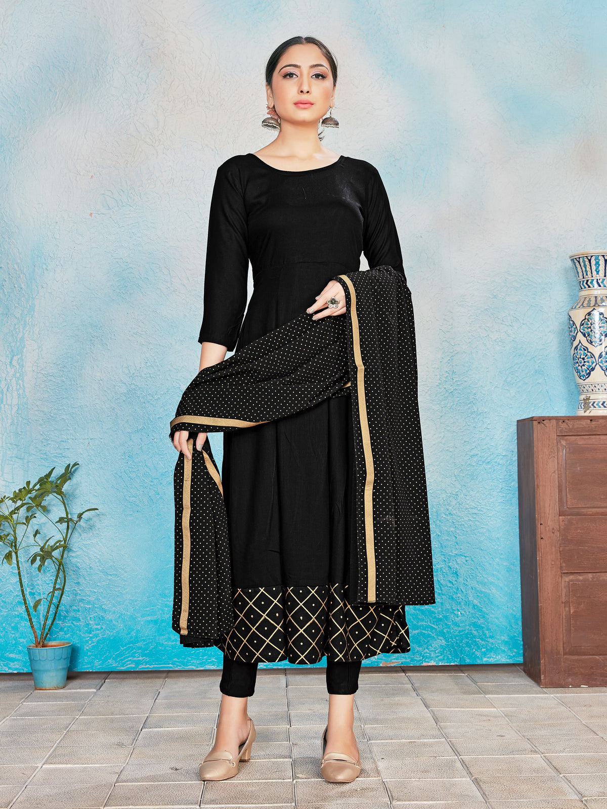 Kurta Set Black Rayon Foil Print Dress