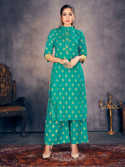 Teal Rayon Foil Print Kurti