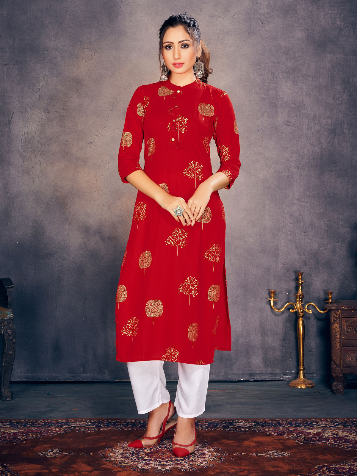 Kurti Red Rayon Foil Print Dress