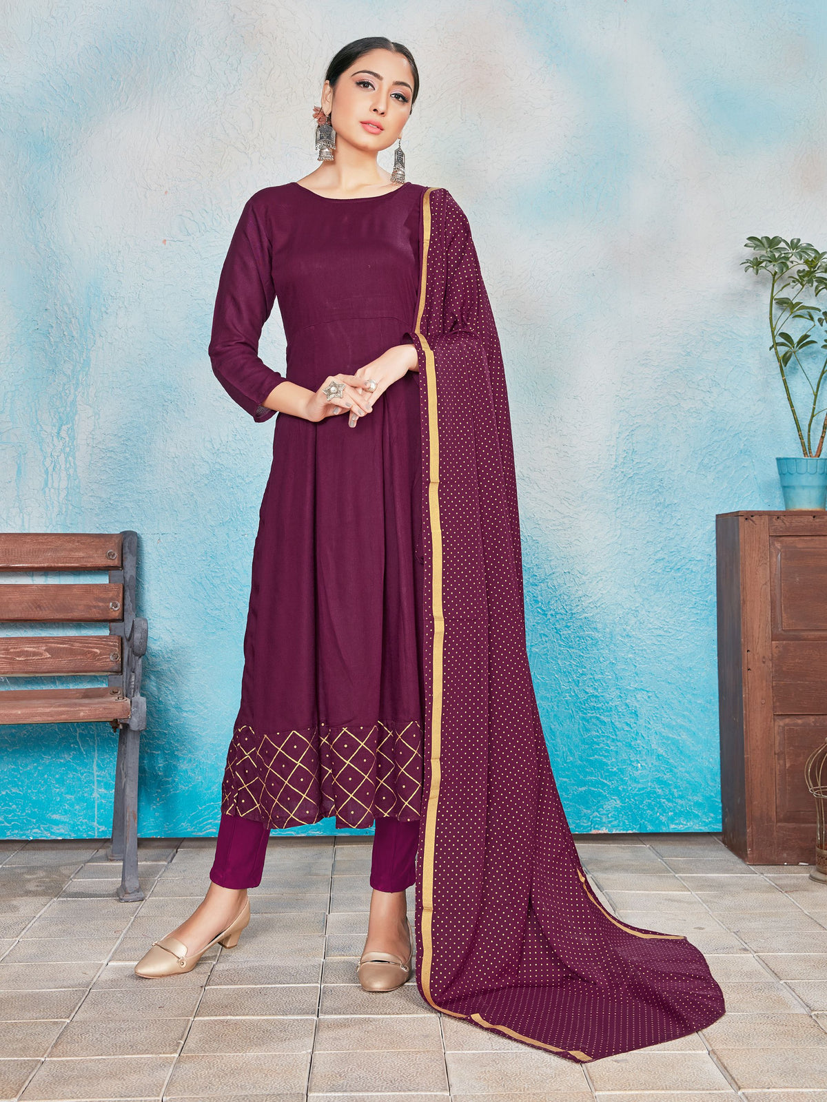 Kurta Set Magenta Rayon Foil Print Dress