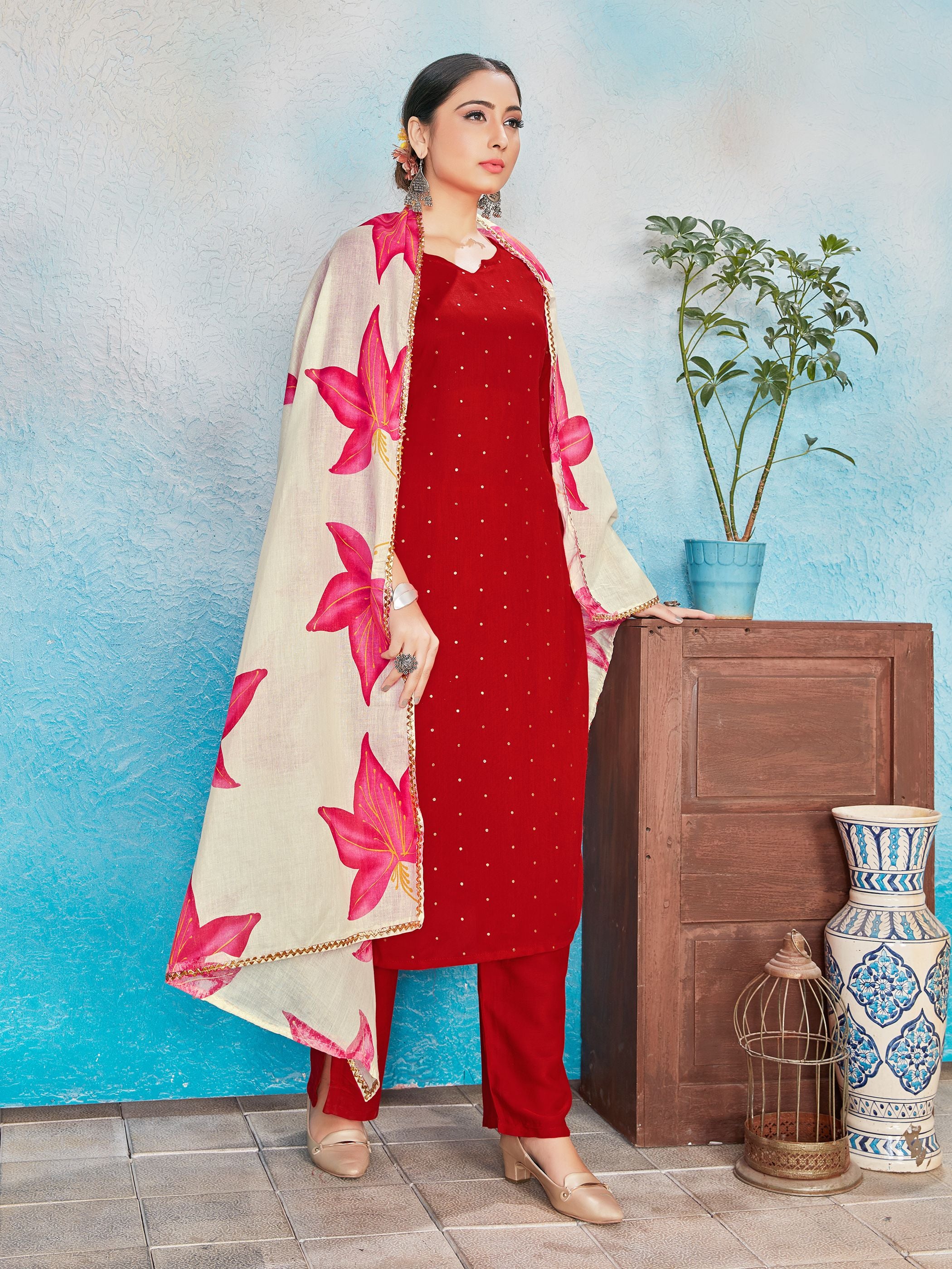 Kurta Set Ceremonial Red Red Salwarsuits Rayon Red