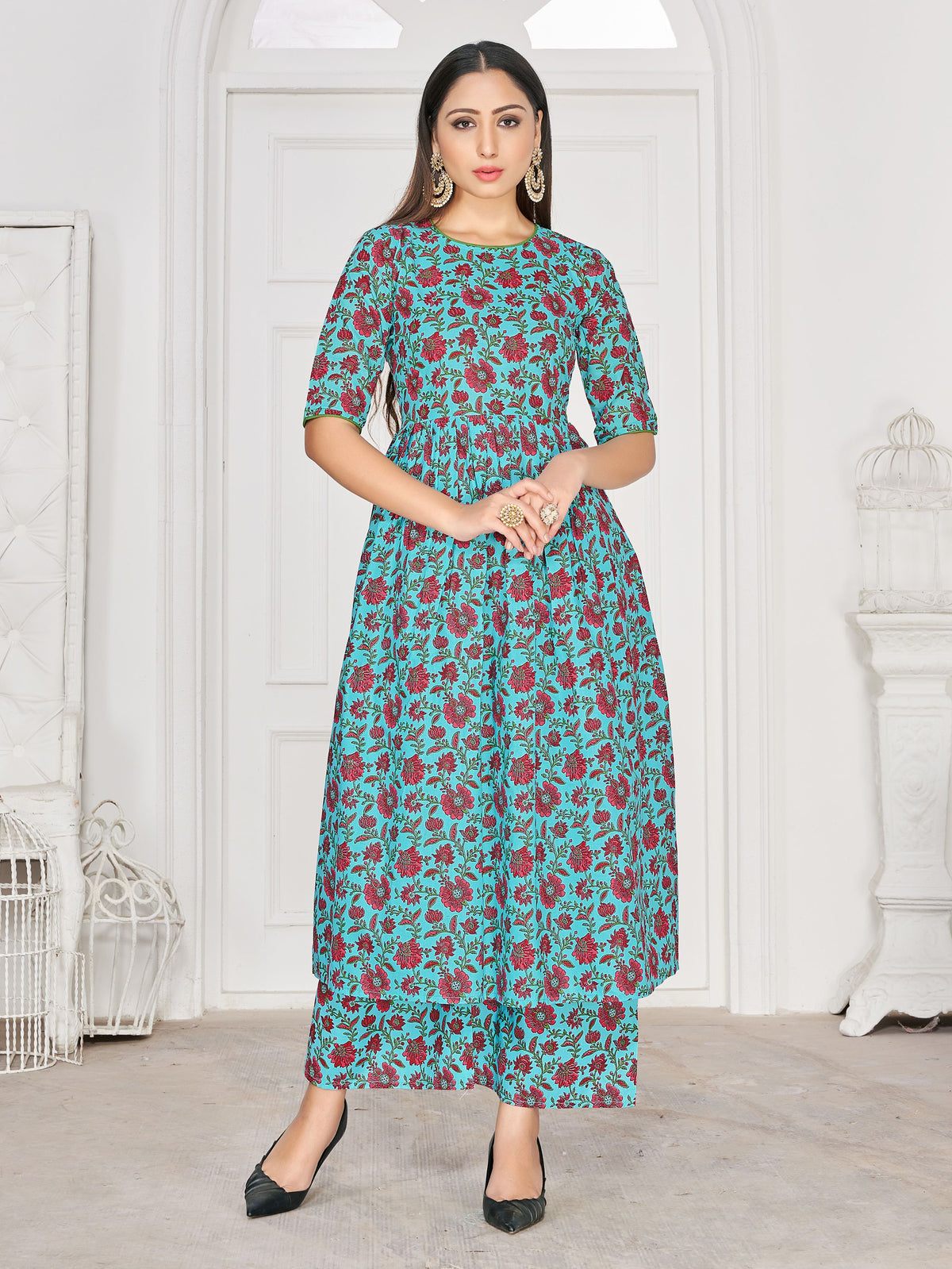 Kurti Teal Rayon Block Print Dress